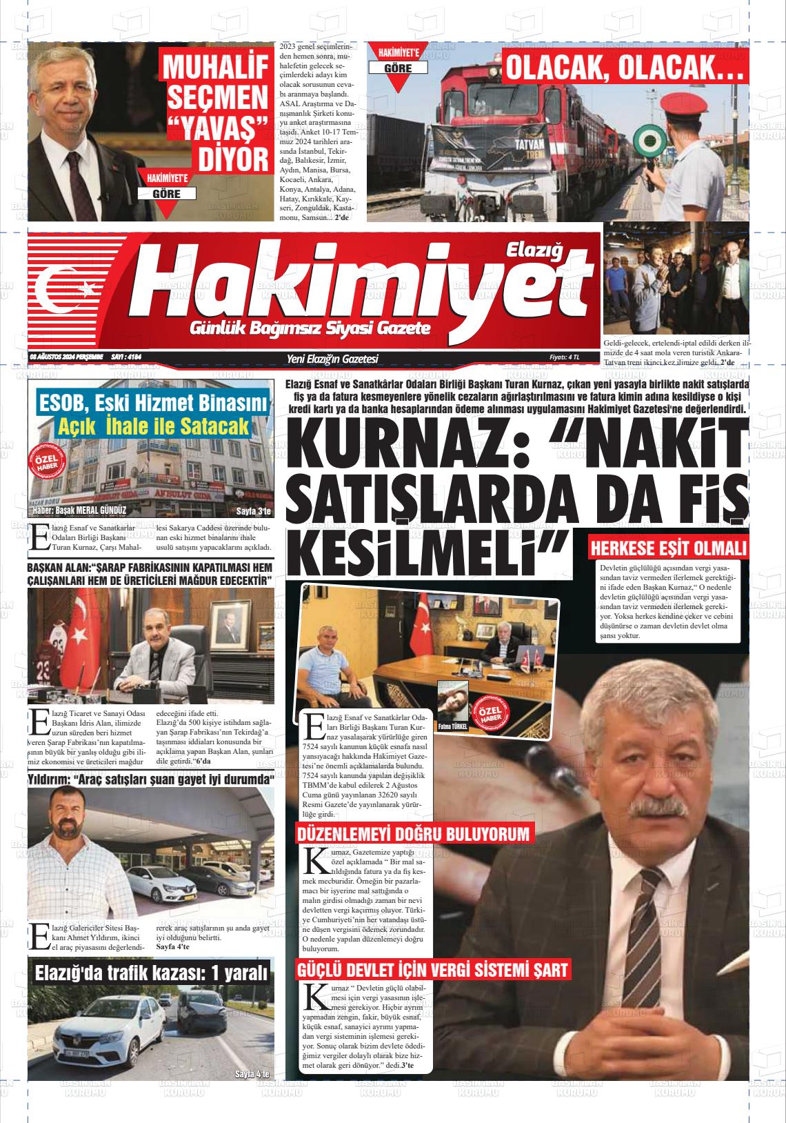 08 Ağustos 2024 Elazığ Hakimiyet Gazete Manşeti