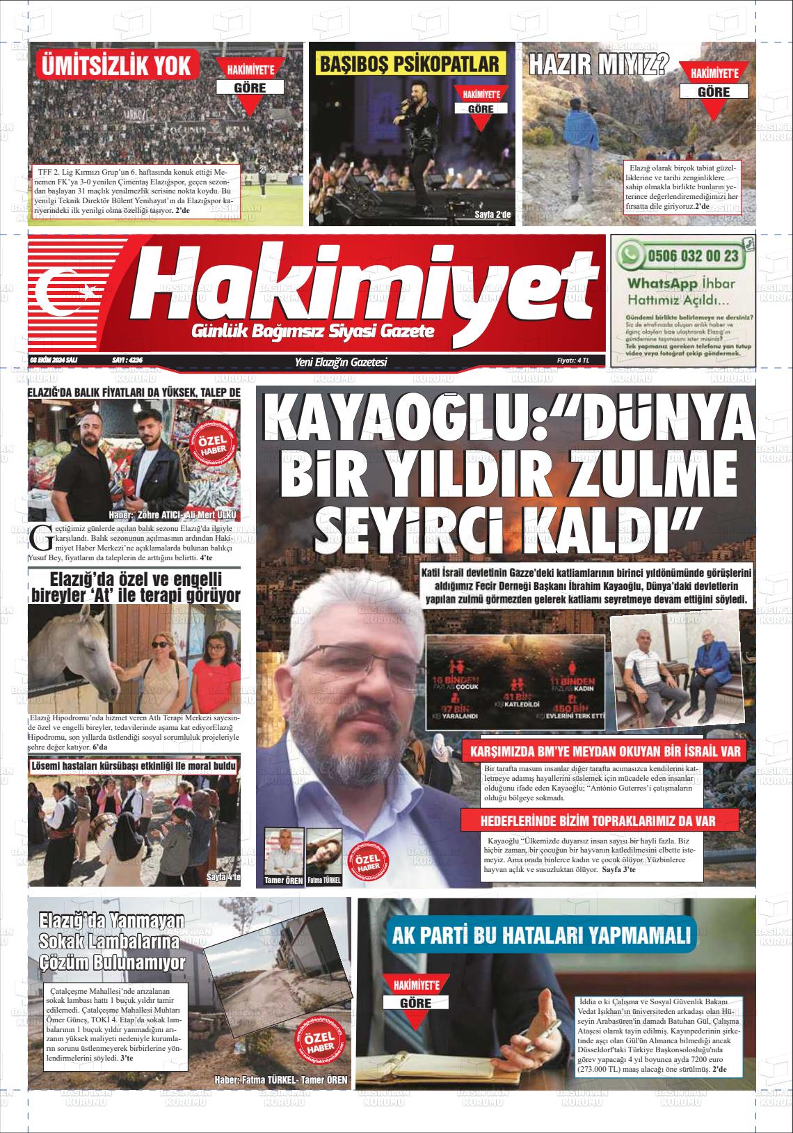 08 Ekim 2024 Elazığ Hakimiyet Gazete Manşeti