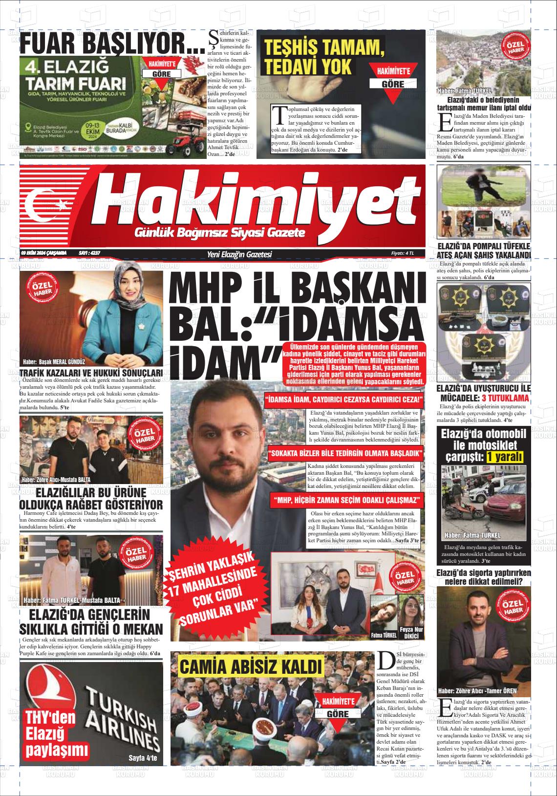 09 Ekim 2024 Elazığ Hakimiyet Gazete Manşeti