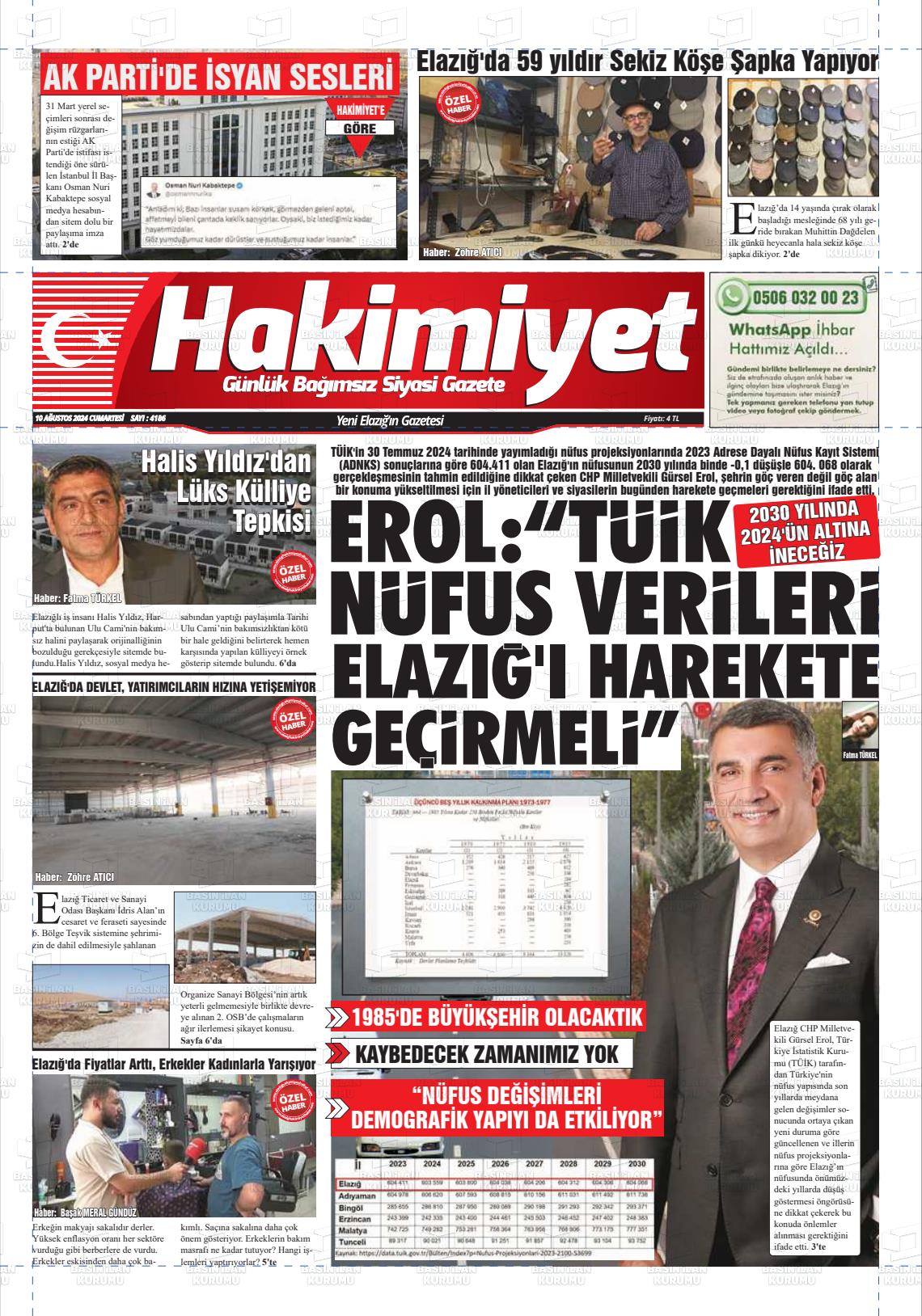 10 Ağustos 2024 Elazığ Hakimiyet Gazete Manşeti