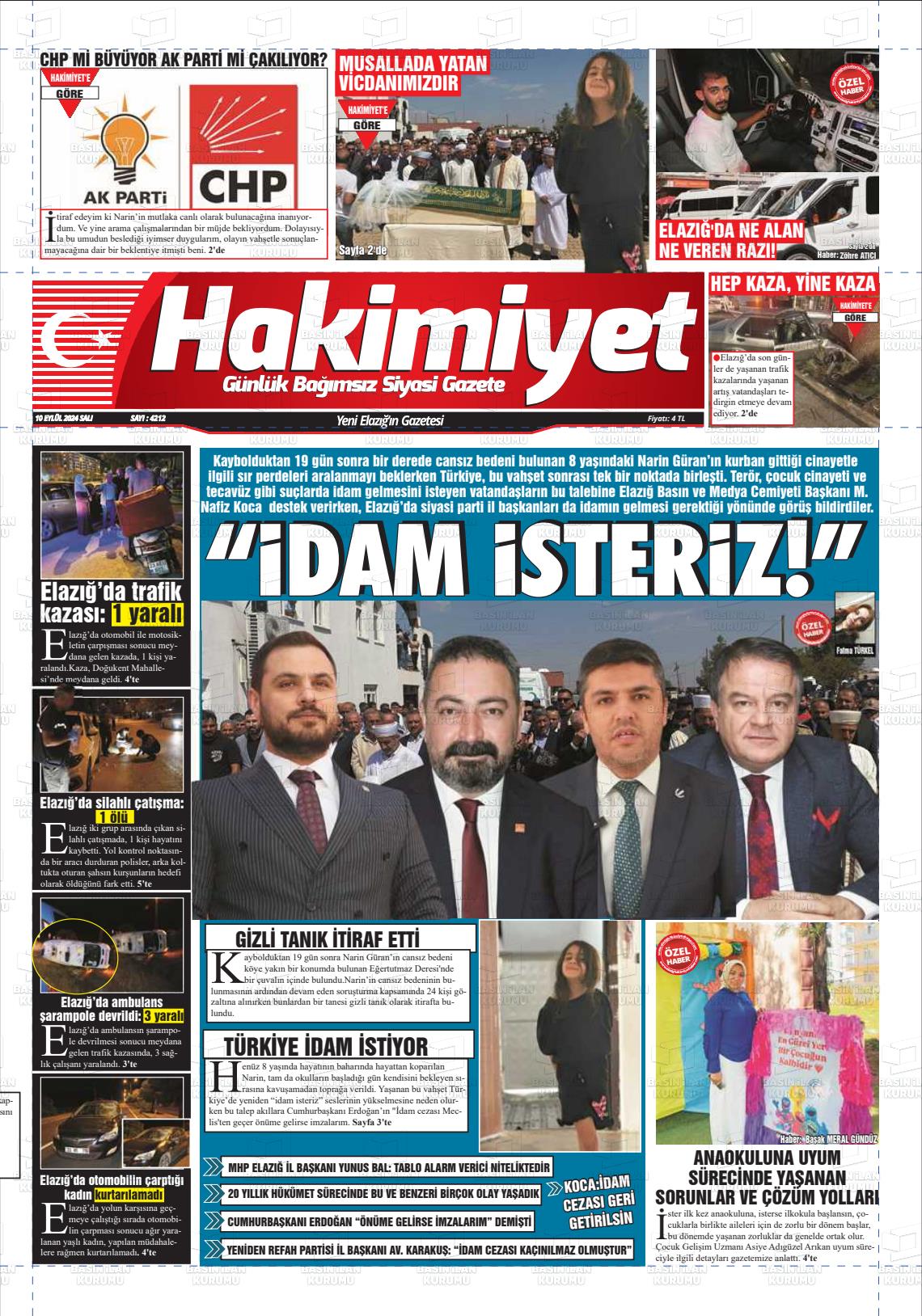 10 Eylül 2024 Elazığ Hakimiyet Gazete Manşeti