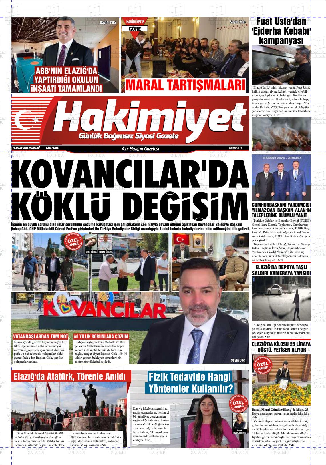 11 Kasım 2024 Elazığ Hakimiyet Gazete Manşeti