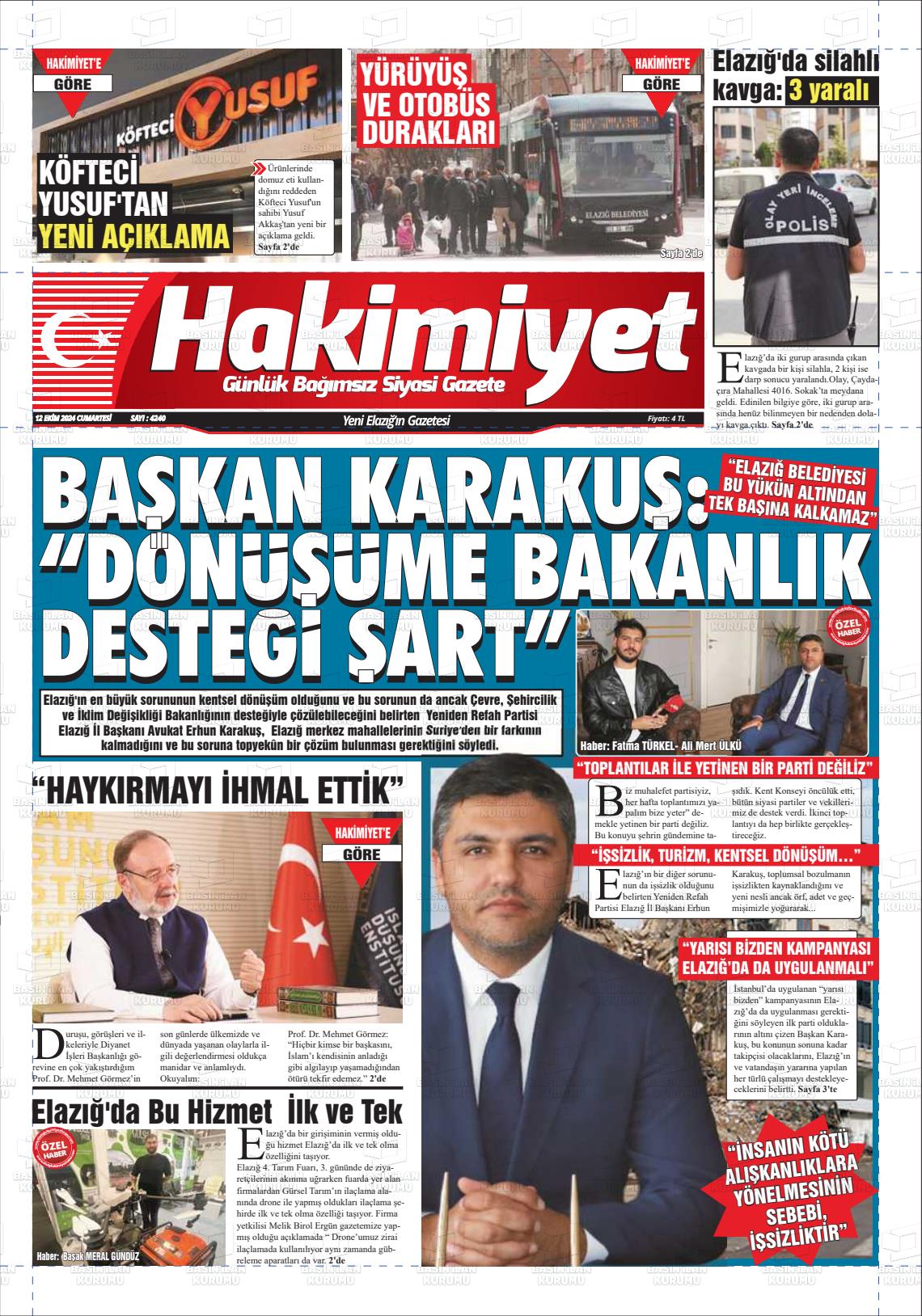 12 Ekim 2024 Elazığ Hakimiyet Gazete Manşeti