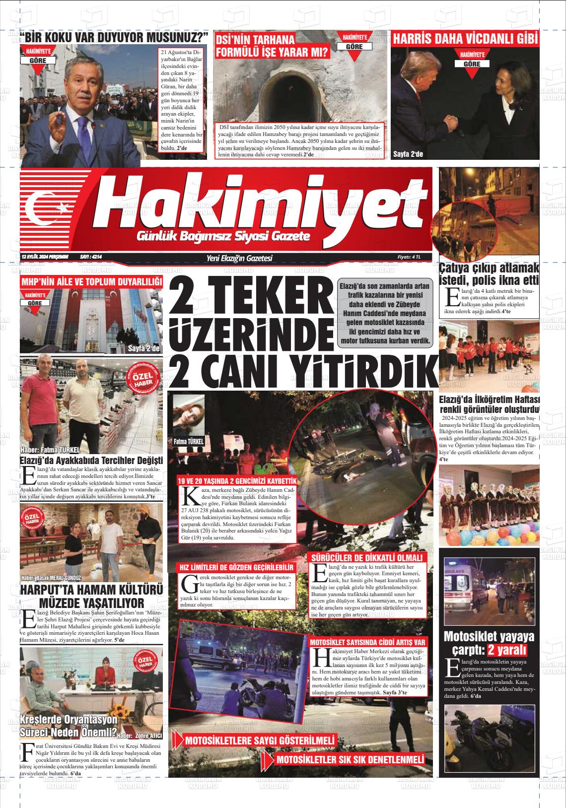 12 Eylül 2024 Elazığ Hakimiyet Gazete Manşeti