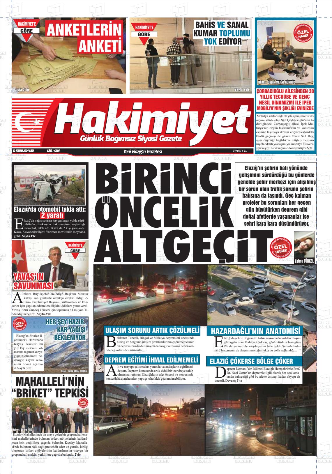 12 Kasım 2024 Elazığ Hakimiyet Gazete Manşeti