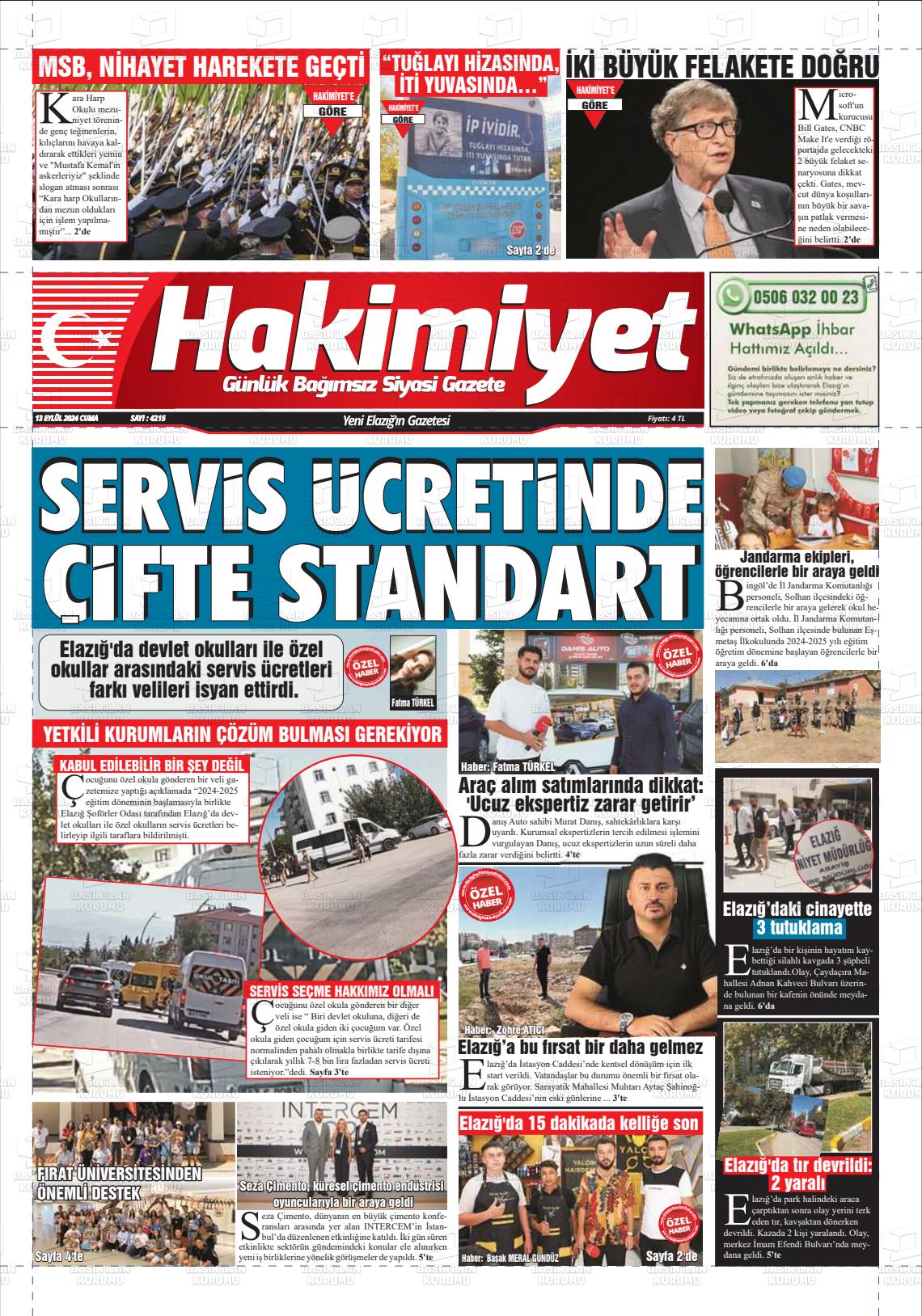 13 Eylül 2024 Elazığ Hakimiyet Gazete Manşeti