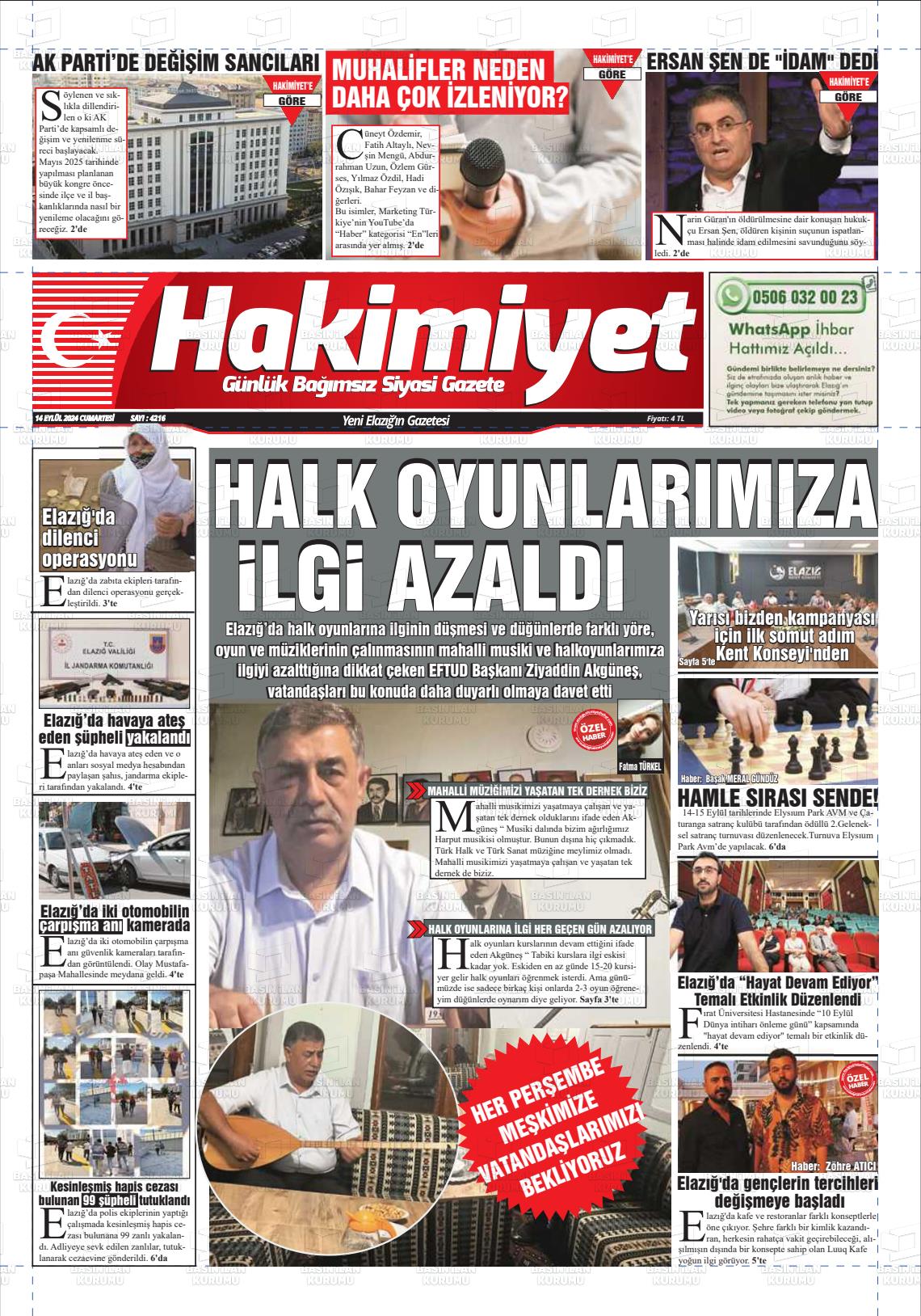 14 Eylül 2024 Elazığ Hakimiyet Gazete Manşeti