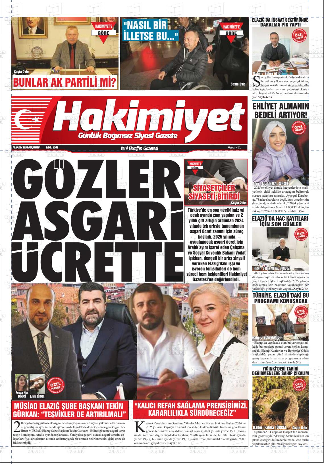 14 Kasım 2024 Elazığ Hakimiyet Gazete Manşeti