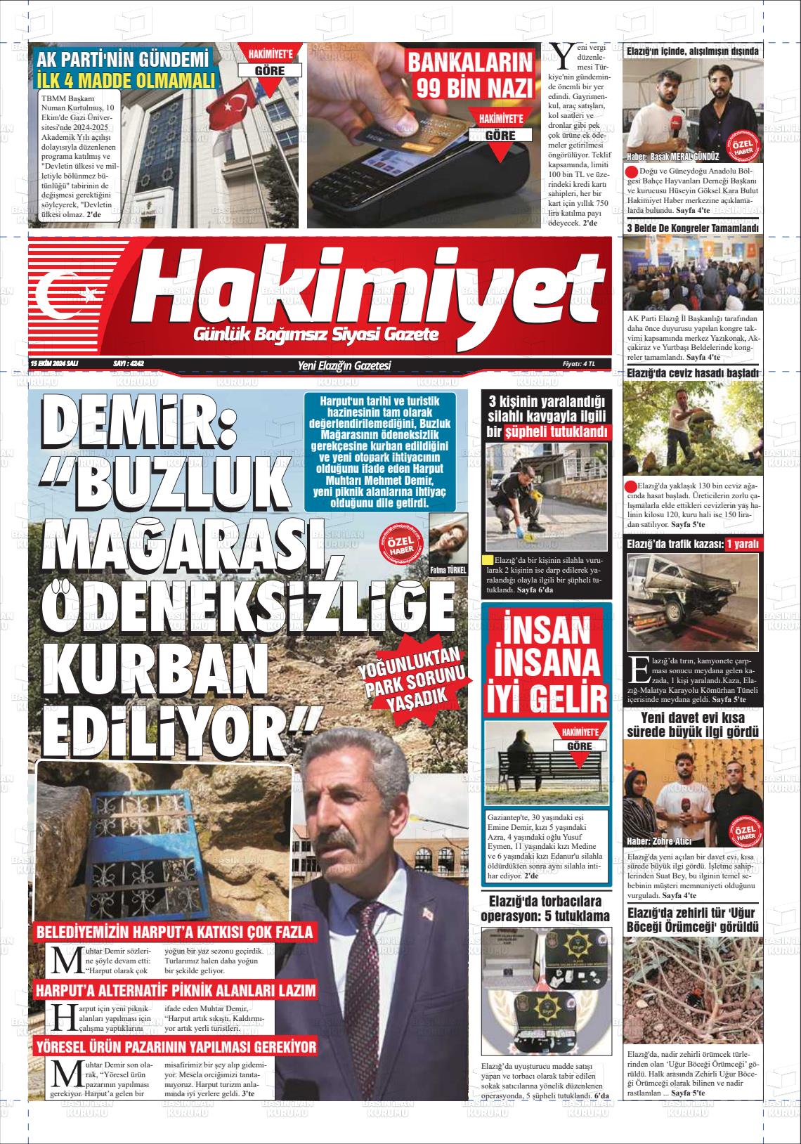 15 Ekim 2024 Elazığ Hakimiyet Gazete Manşeti