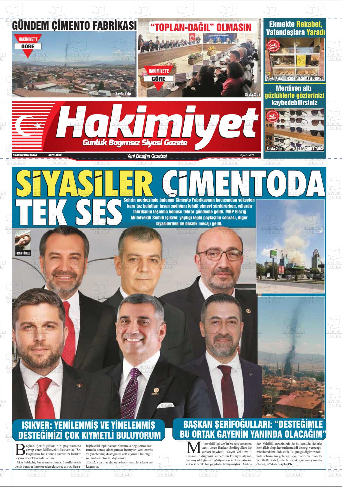 15 Kasım 2024 Elazığ Hakimiyet Gazete Manşeti