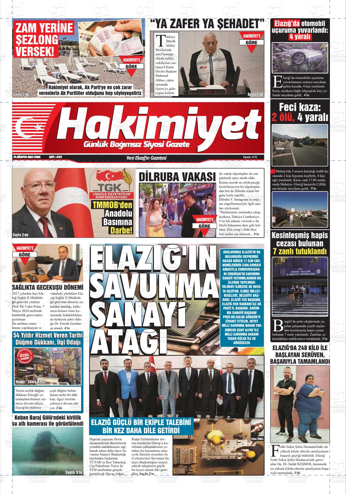 16 Ağustos 2024 Elazığ Hakimiyet Gazete Manşeti