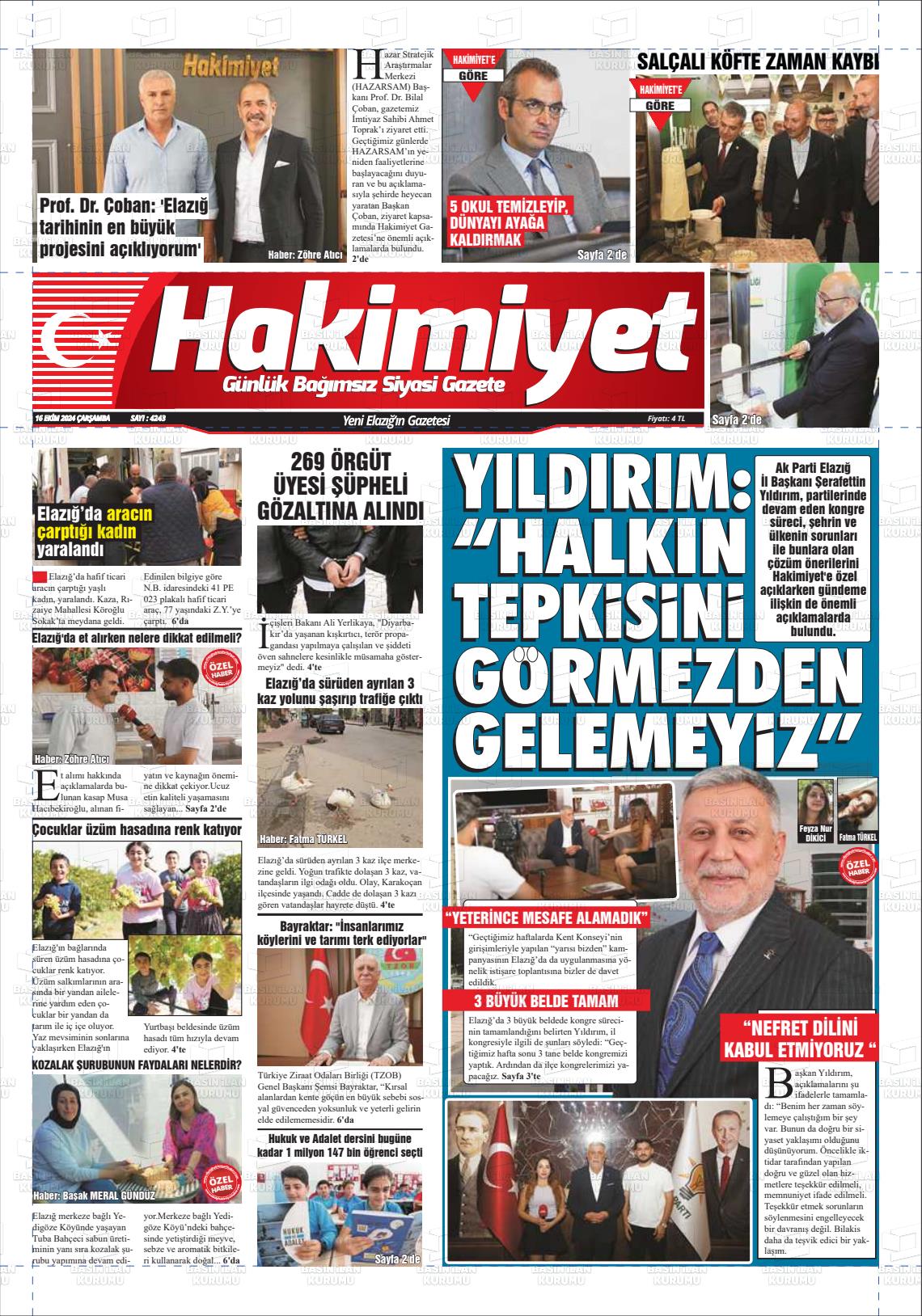 16 Ekim 2024 Elazığ Hakimiyet Gazete Manşeti