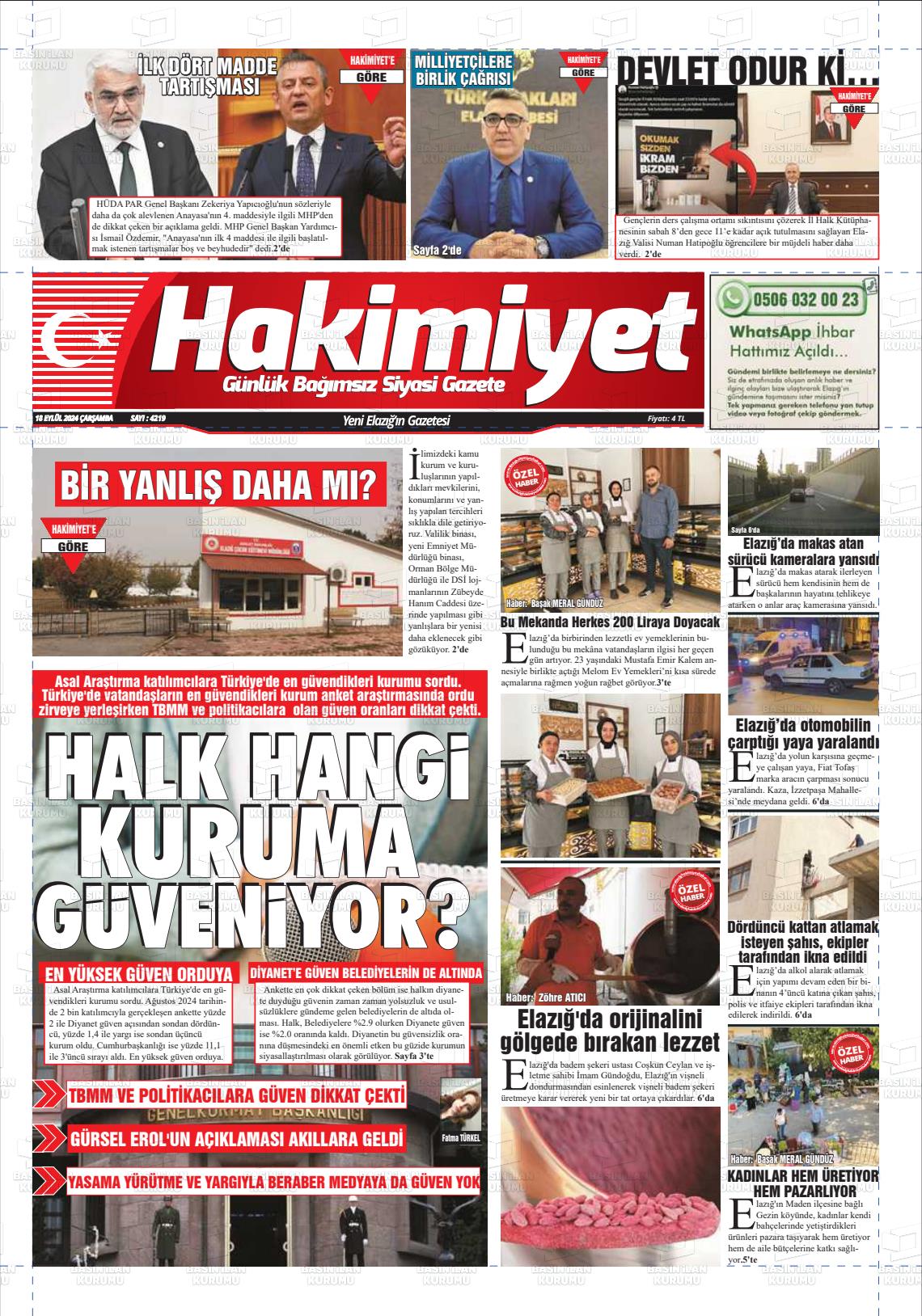 18 Eylül 2024 Elazığ Hakimiyet Gazete Manşeti