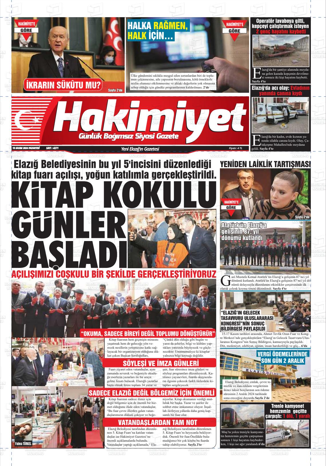 18 Kasım 2024 Elazığ Hakimiyet Gazete Manşeti