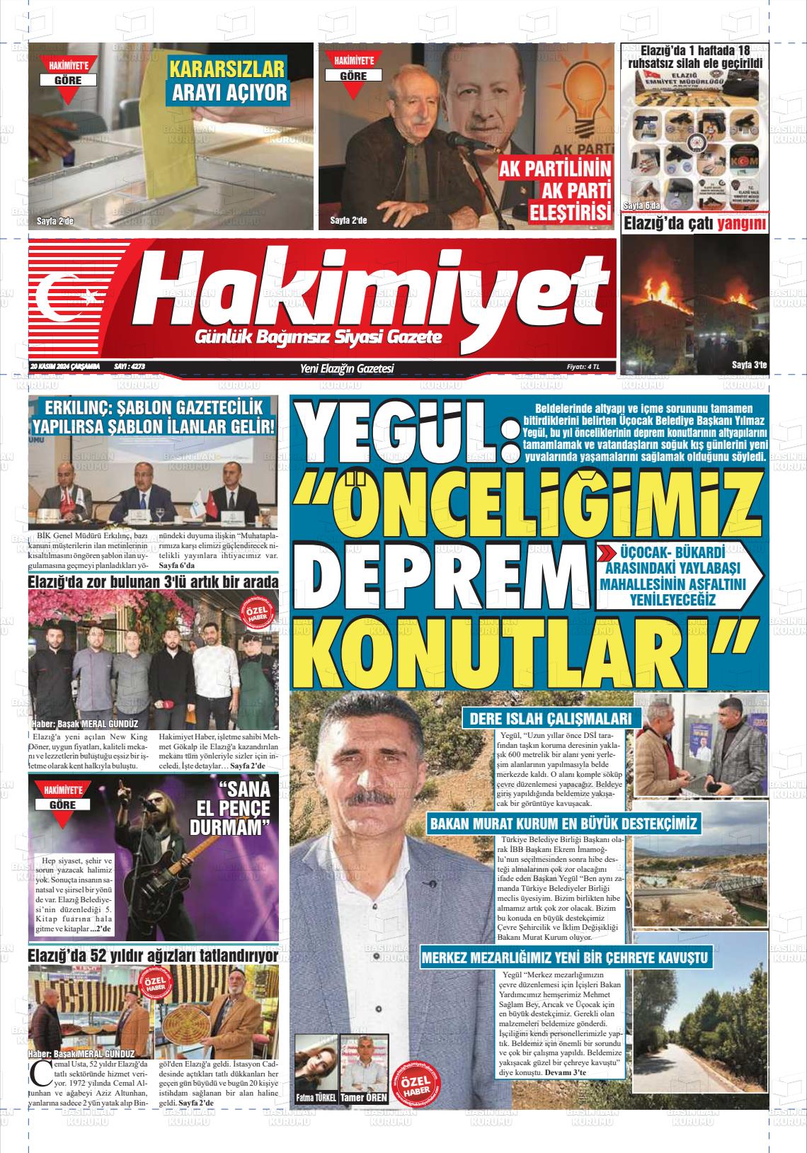 20 Kasım 2024 Elazığ Hakimiyet Gazete Manşeti