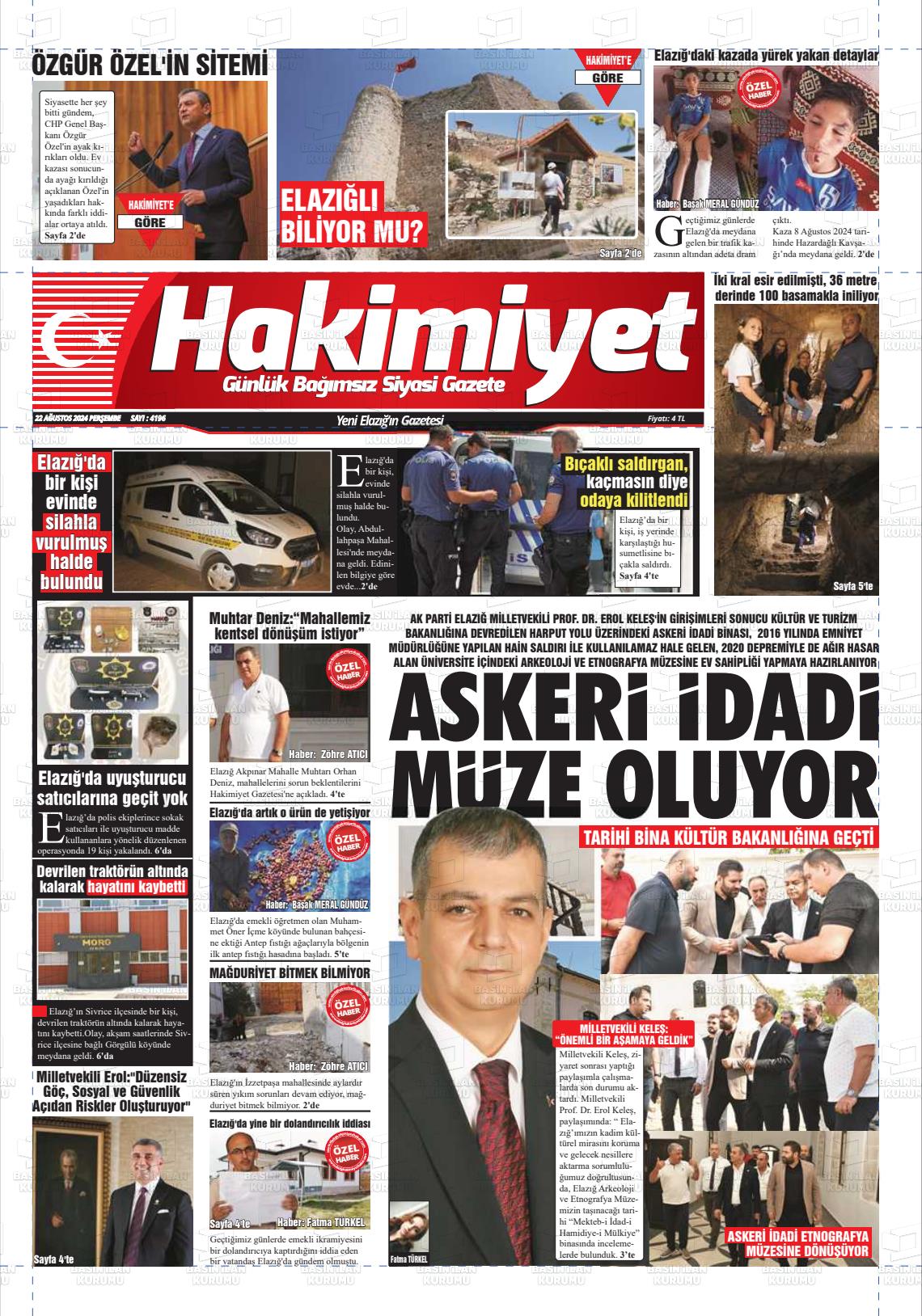 22 Ağustos 2024 Elazığ Hakimiyet Gazete Manşeti