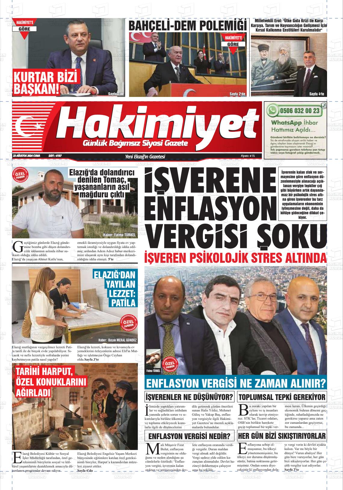 23 Ağustos 2024 Elazığ Hakimiyet Gazete Manşeti