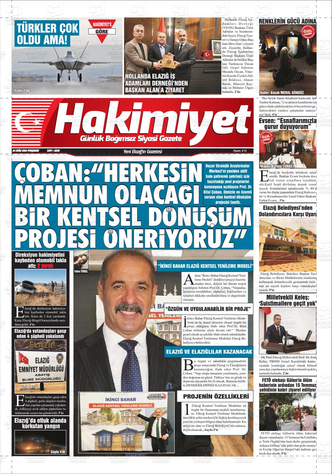 24 Ekim 2024 Elazığ Hakimiyet Gazete Manşeti