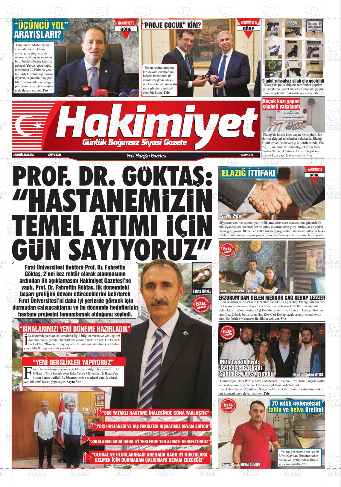 24 Eylül 2024 Elazığ Hakimiyet Gazete Manşeti