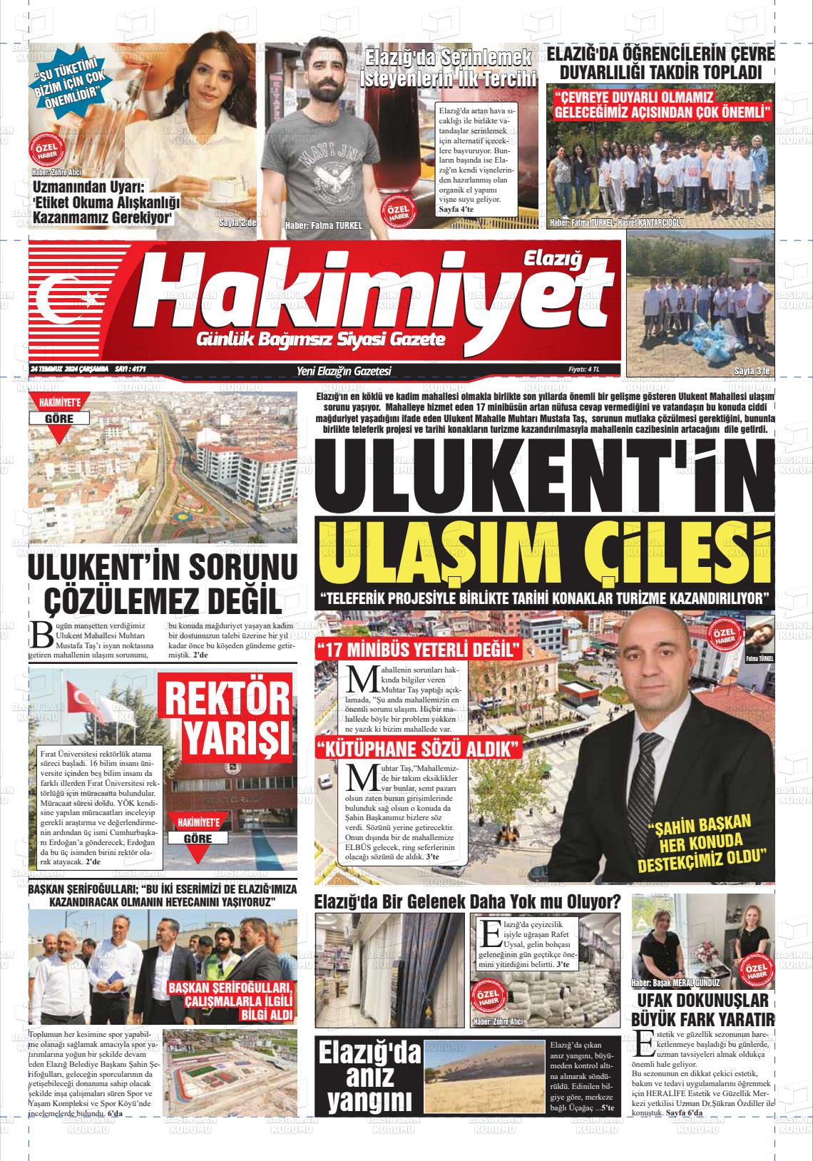 24 Temmuz 2024 Elazığ Hakimiyet Gazete Manşeti