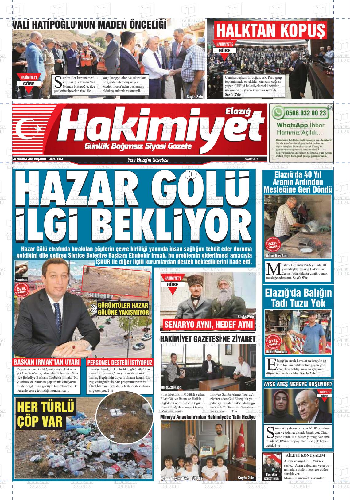 25 Temmuz 2024 Elazığ Hakimiyet Gazete Manşeti