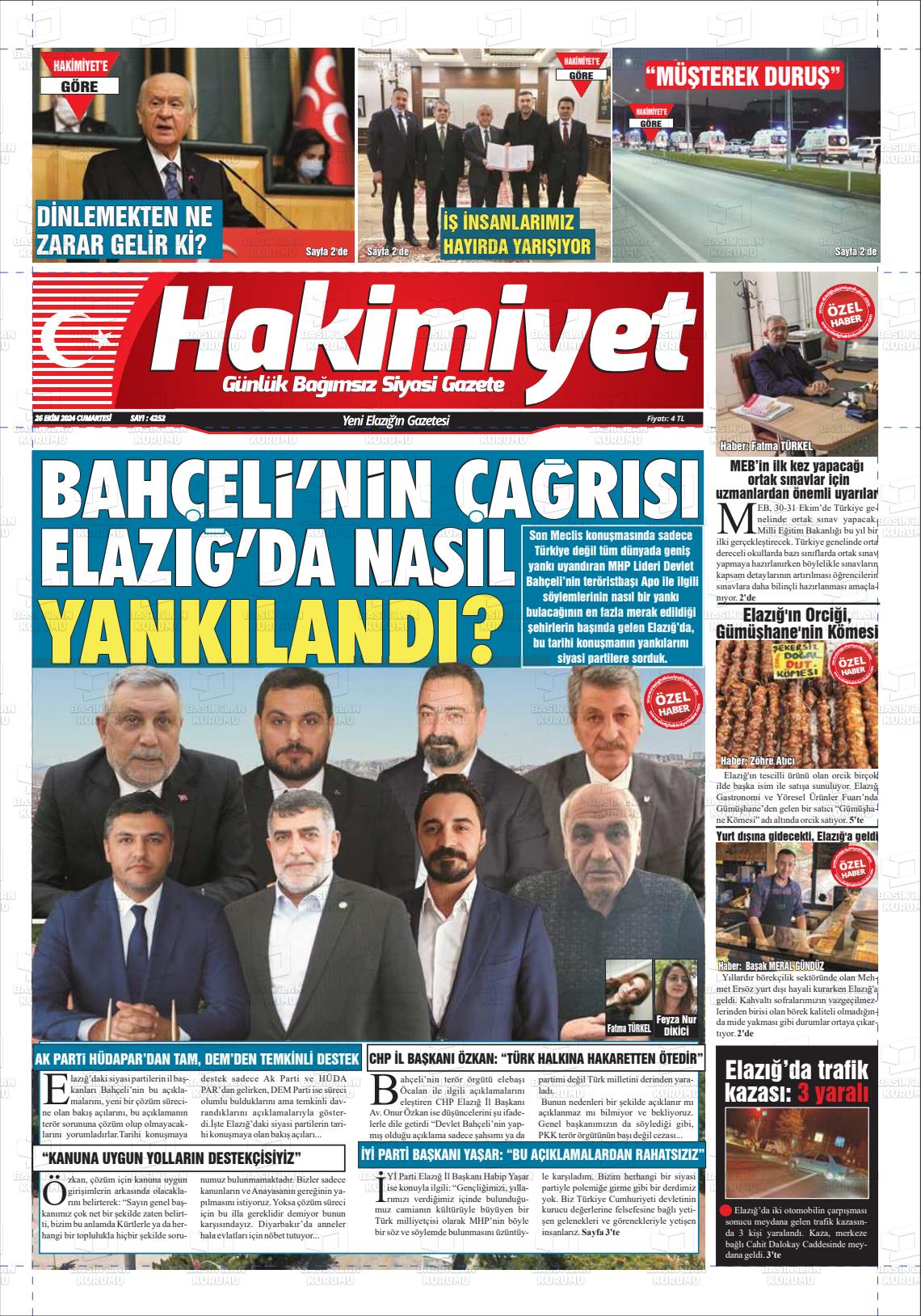 26 Ekim 2024 Elazığ Hakimiyet Gazete Manşeti