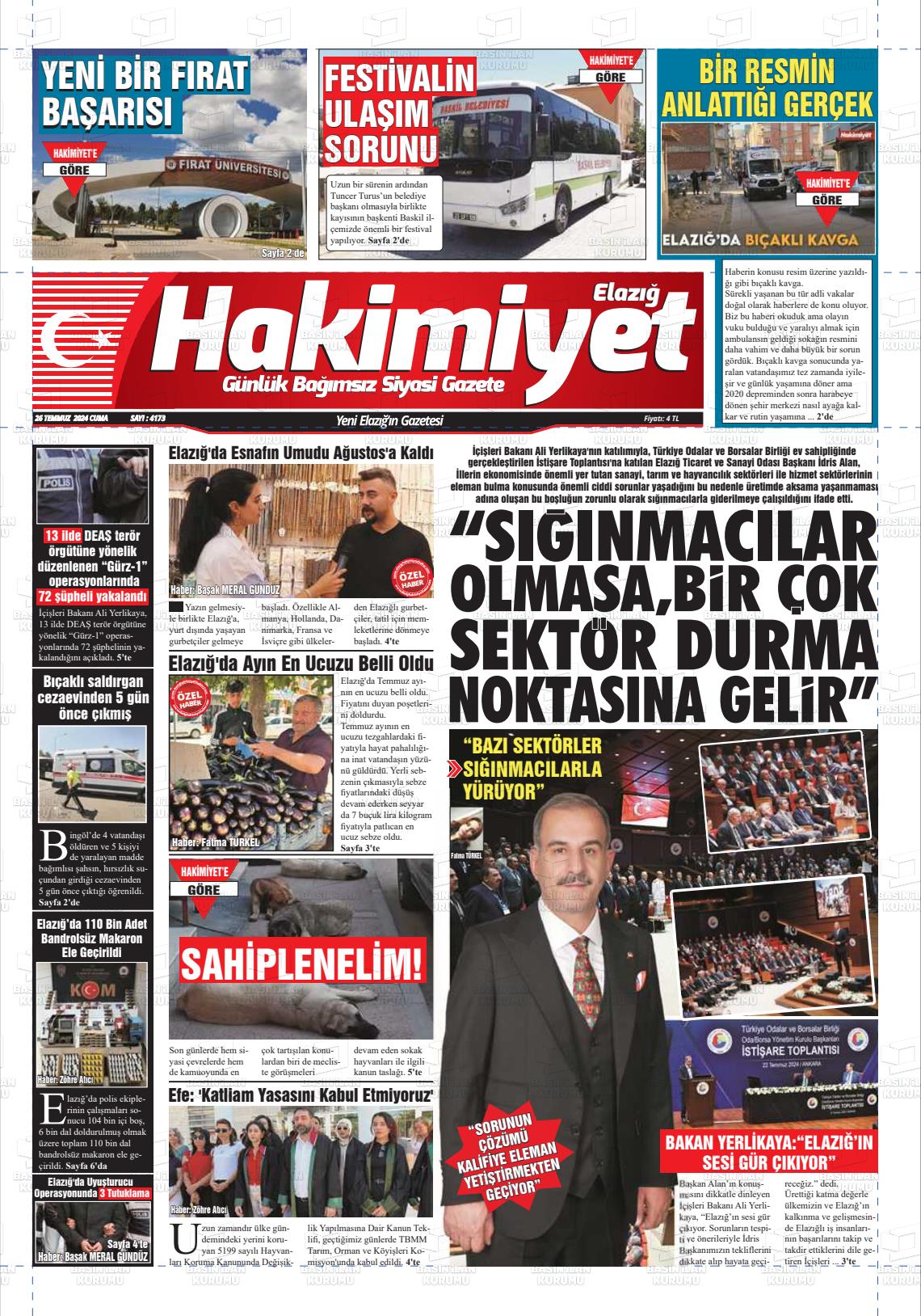 26 Temmuz 2024 Elazığ Hakimiyet Gazete Manşeti