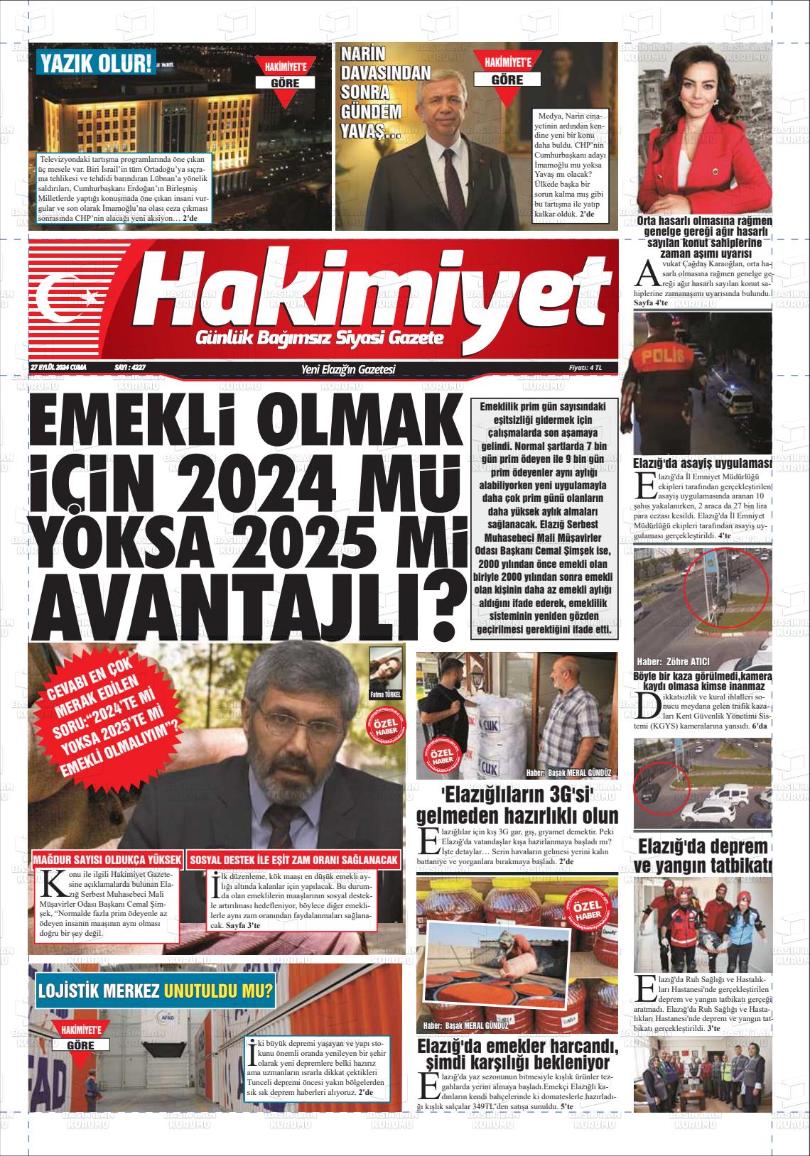 27 Eylül 2024 Elazığ Hakimiyet Gazete Manşeti