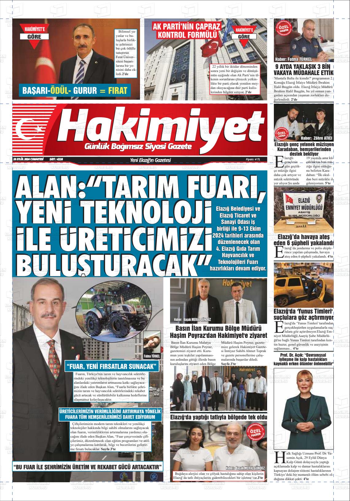 28 Eylül 2024 Elazığ Hakimiyet Gazete Manşeti