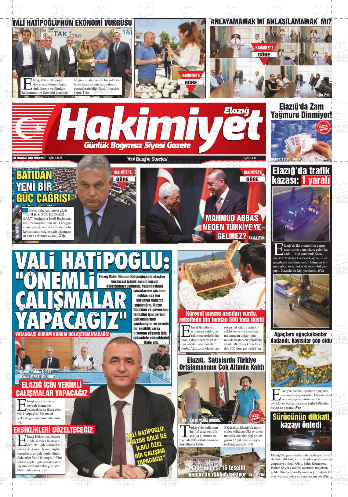 29 Temmuz 2024 Elazığ Hakimiyet Gazete Manşeti