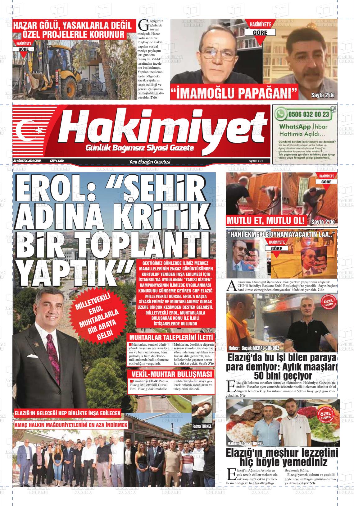 30 Ağustos 2024 Elazığ Hakimiyet Gazete Manşeti