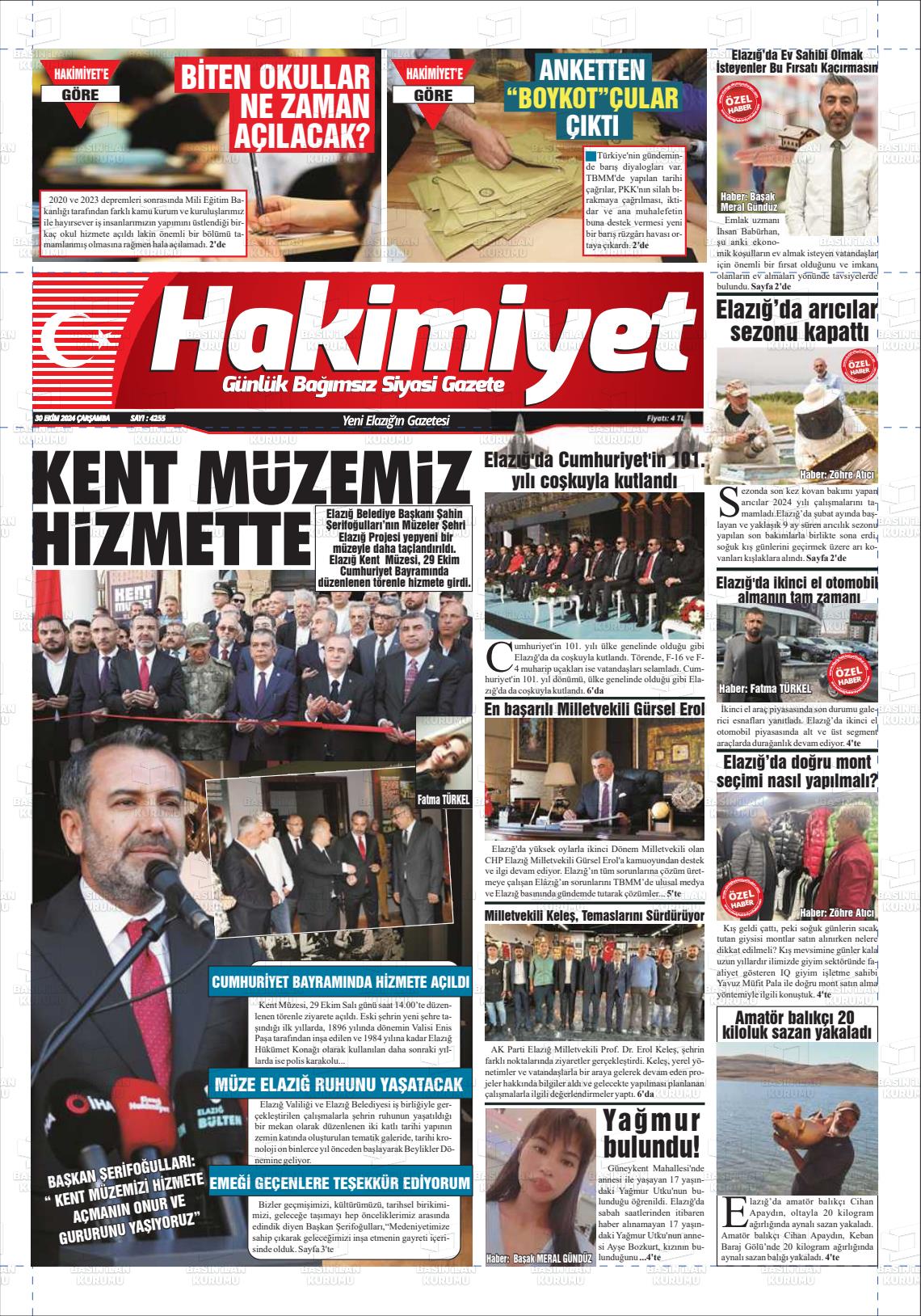 30 Ekim 2024 Elazığ Hakimiyet Gazete Manşeti