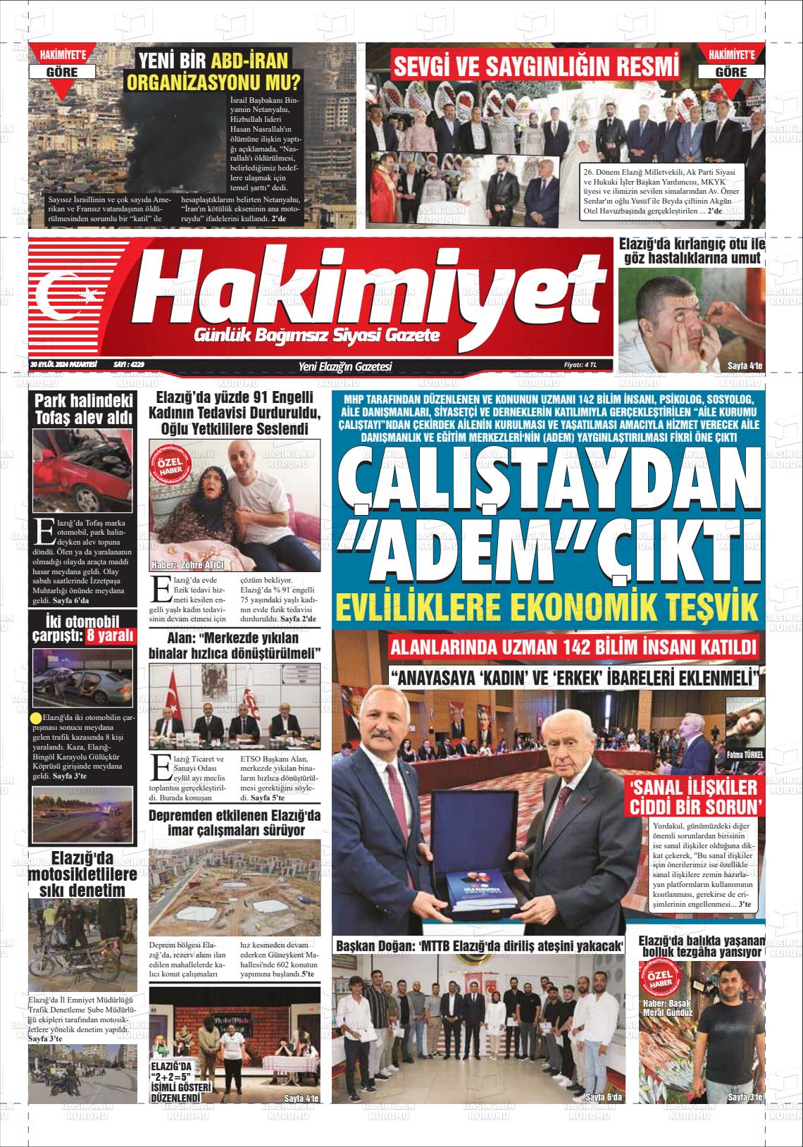 30 Eylül 2024 Elazığ Hakimiyet Gazete Manşeti