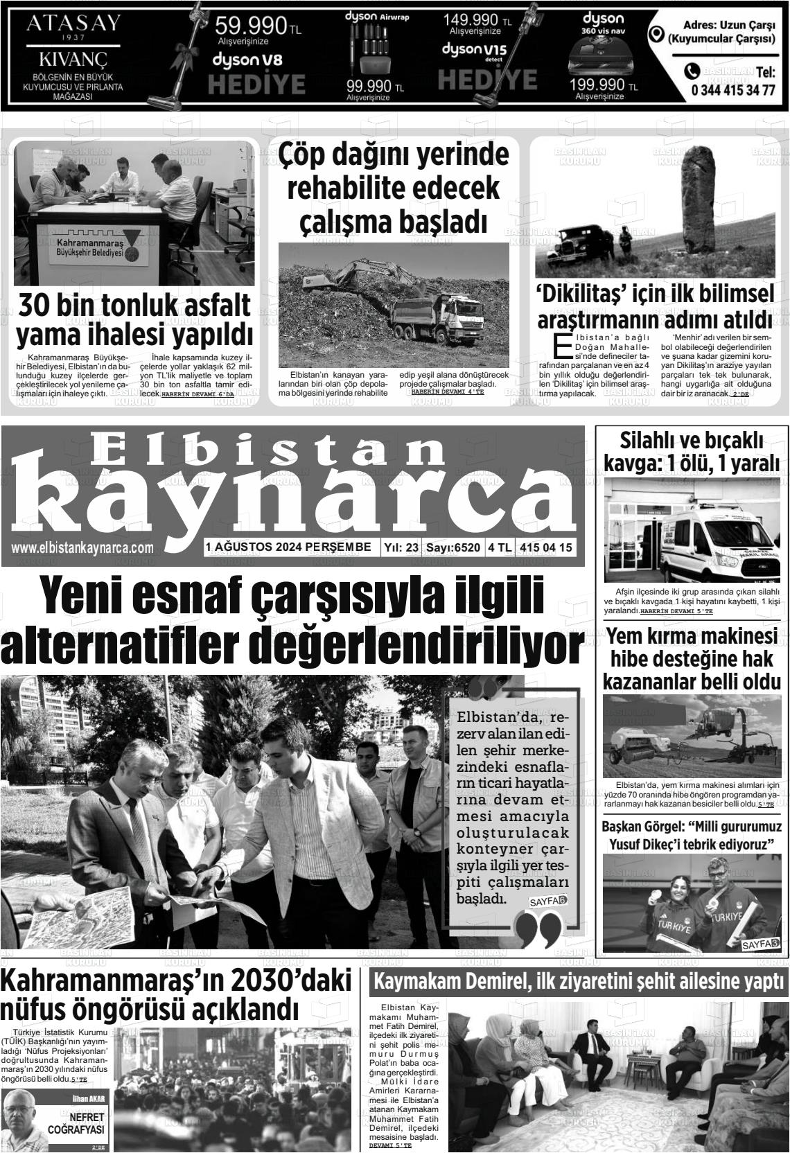 01 Ağustos 2024 Elbistan Kaynarca Gazete Manşeti