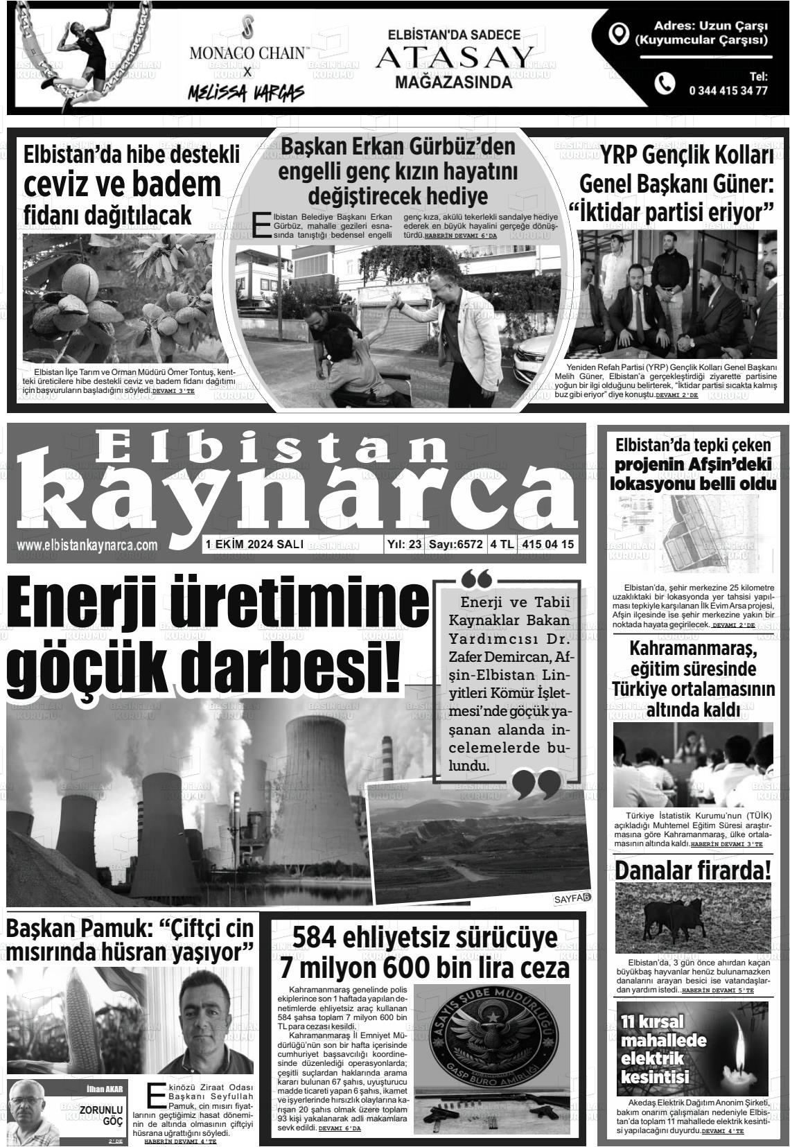 01 Ekim 2024 Elbistan Kaynarca Gazete Manşeti