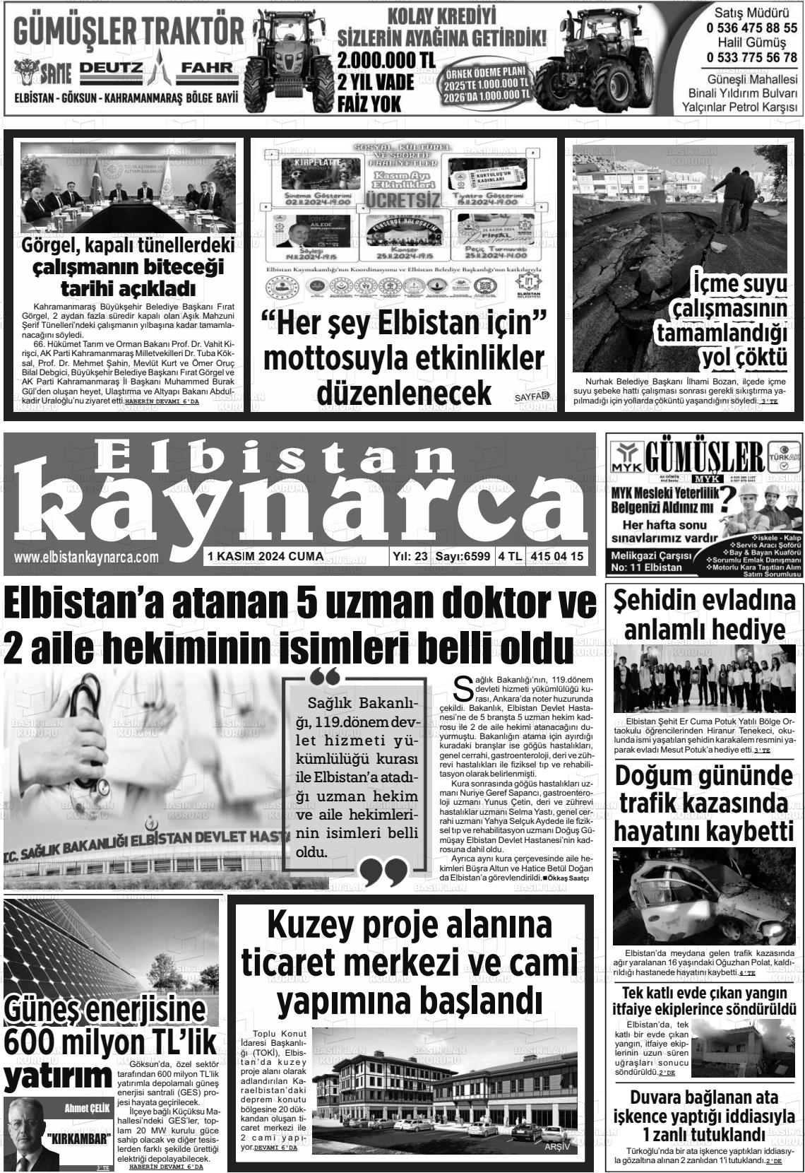 01 Kasım 2024 Elbistan Kaynarca Gazete Manşeti