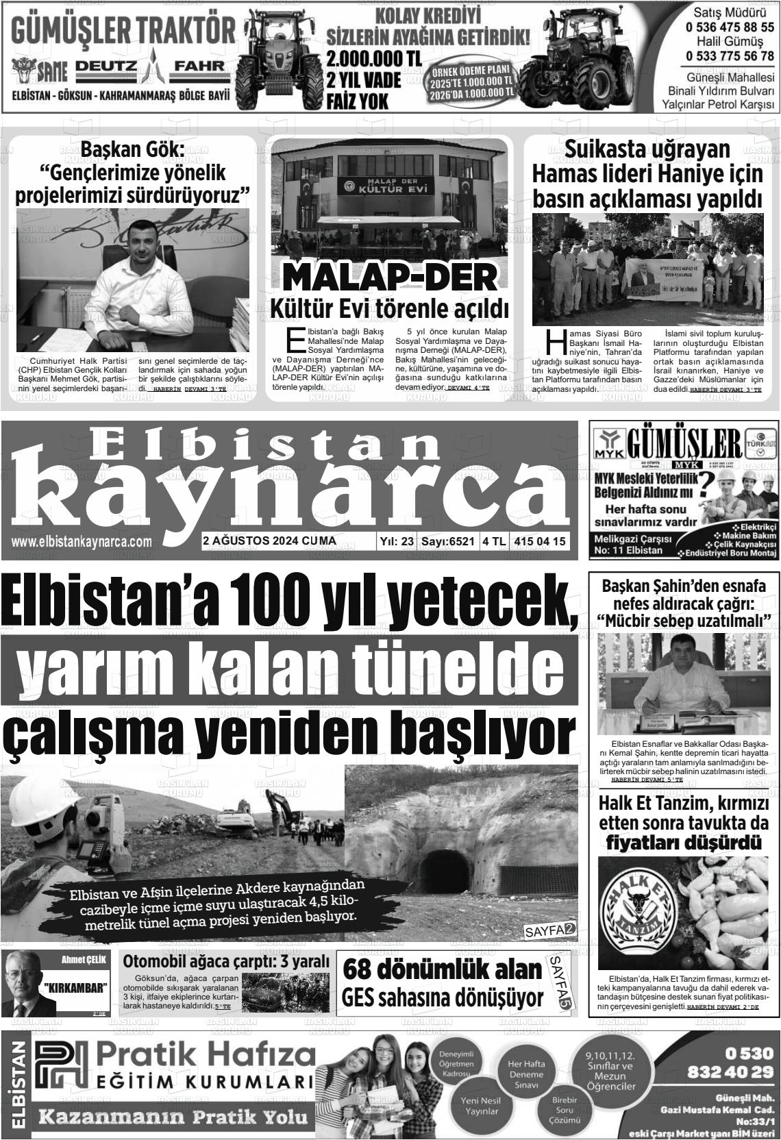 02 Ağustos 2024 Elbistan Kaynarca Gazete Manşeti