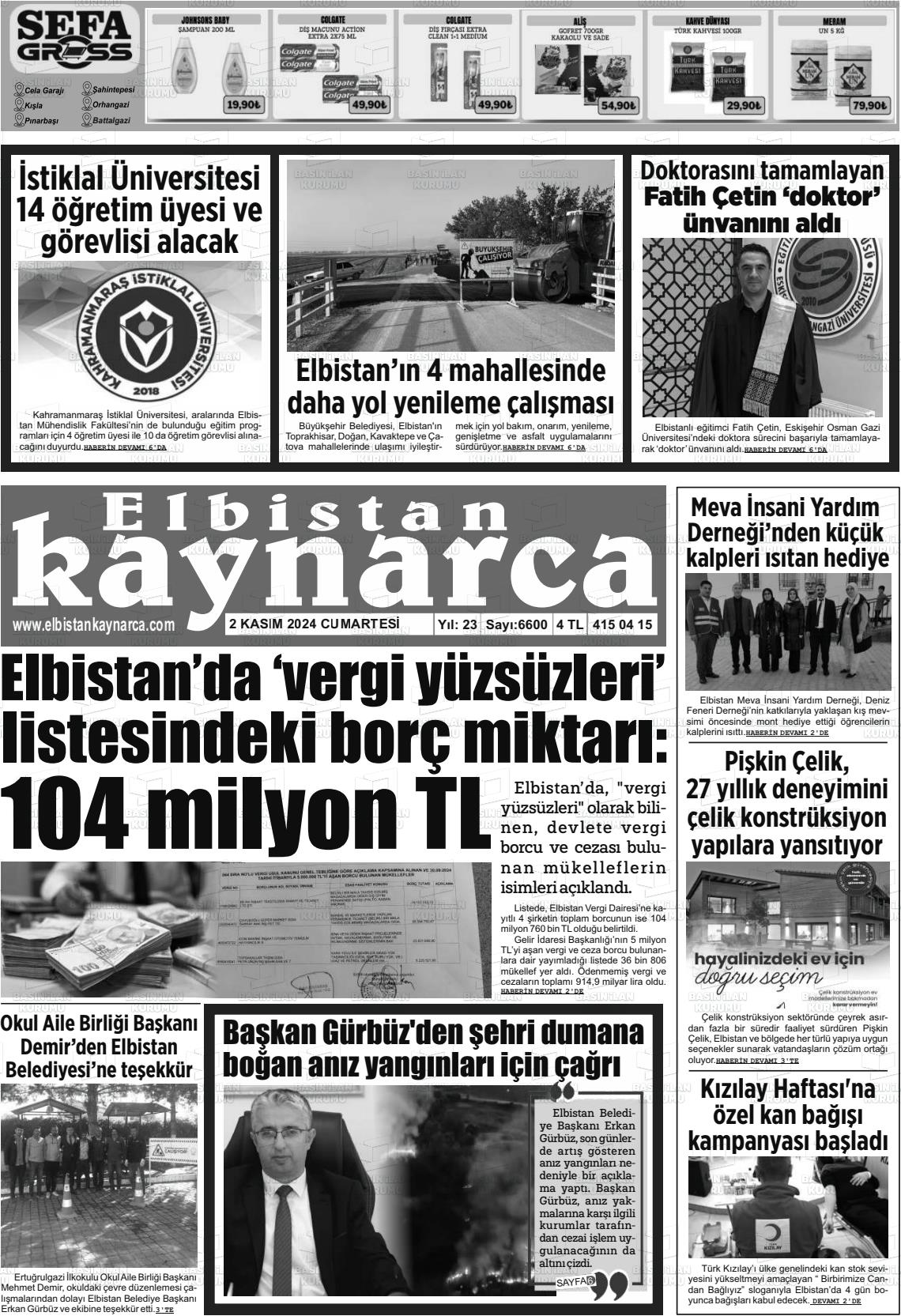 02 Kasım 2024 Elbistan Kaynarca Gazete Manşeti