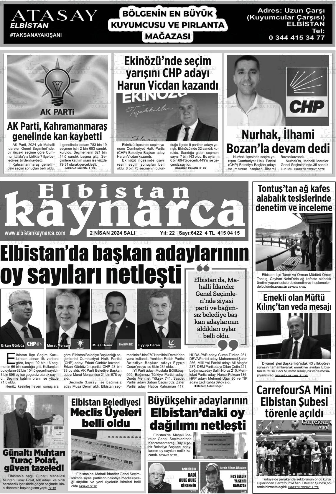 02 Nisan 2024 Elbistan Kaynarca Gazete Manşeti