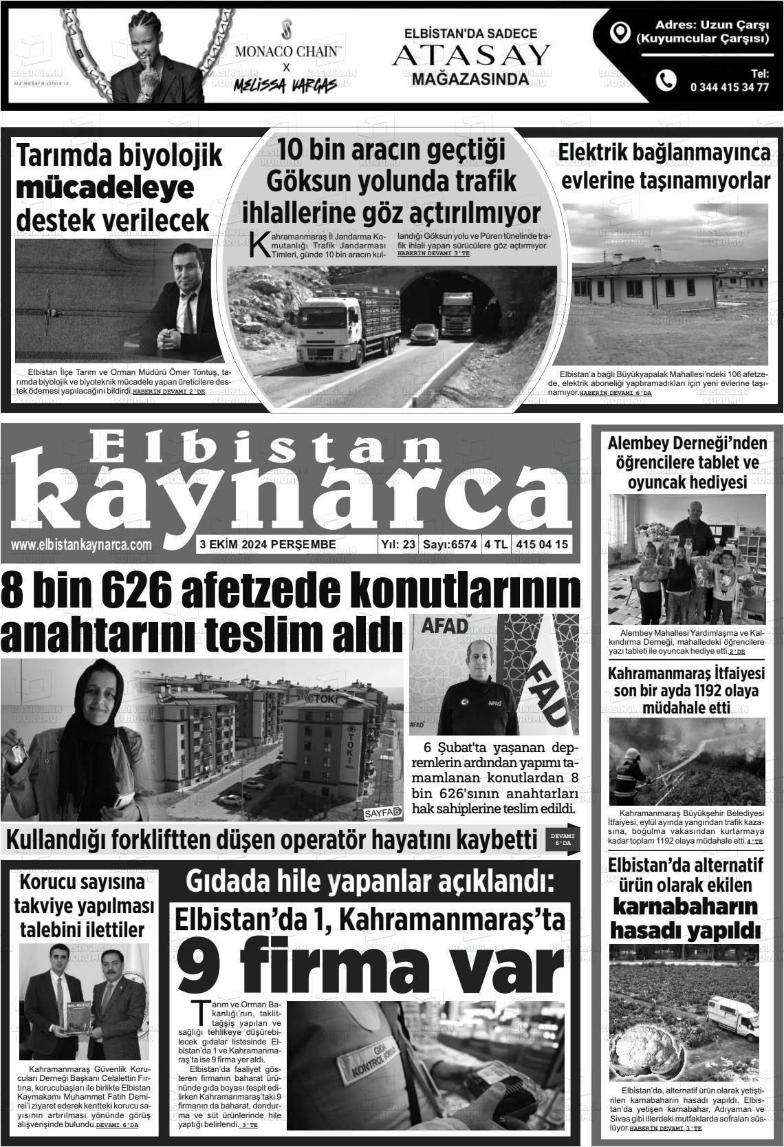 03 Ekim 2024 Elbistan Kaynarca Gazete Manşeti