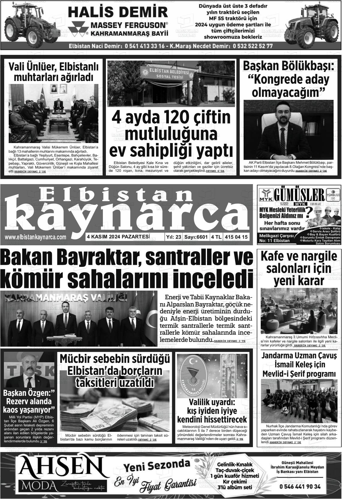 04 Kasım 2024 Elbistan Kaynarca Gazete Manşeti