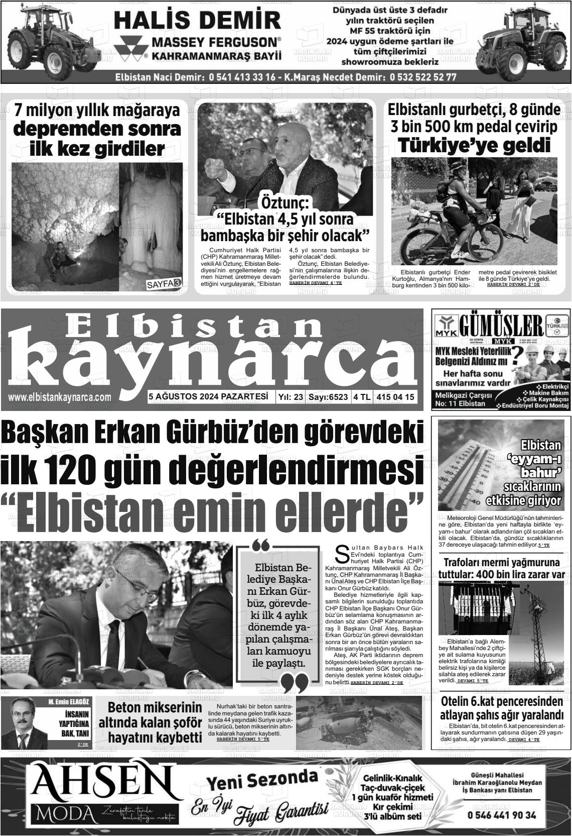 05 Ağustos 2024 Elbistan Kaynarca Gazete Manşeti