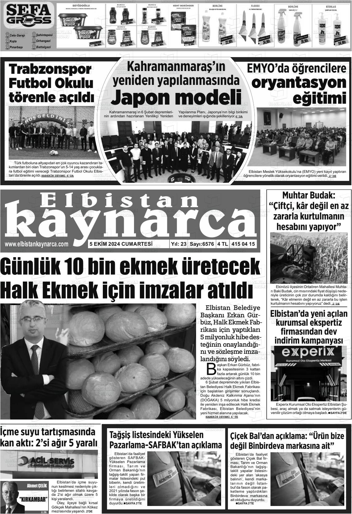 05 Ekim 2024 Elbistan Kaynarca Gazete Manşeti