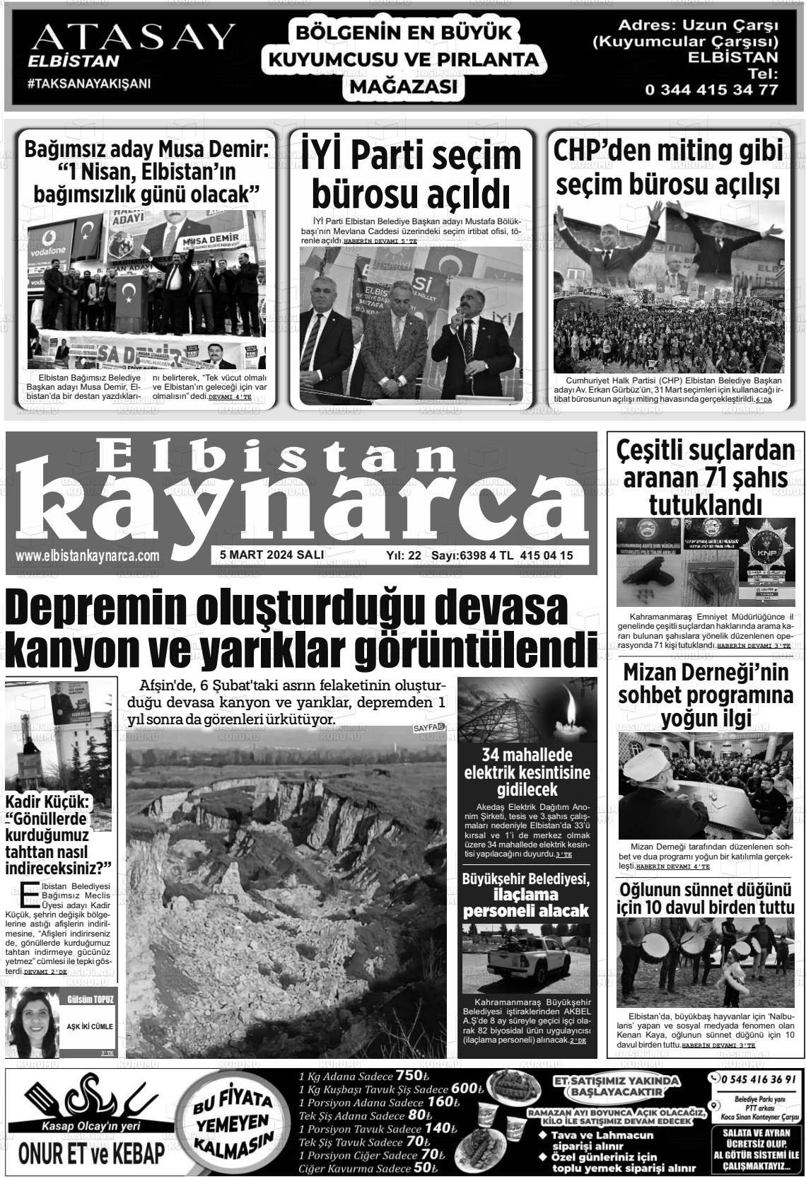 06 Mart 2024 Elbistan Kaynarca Gazete Manşeti