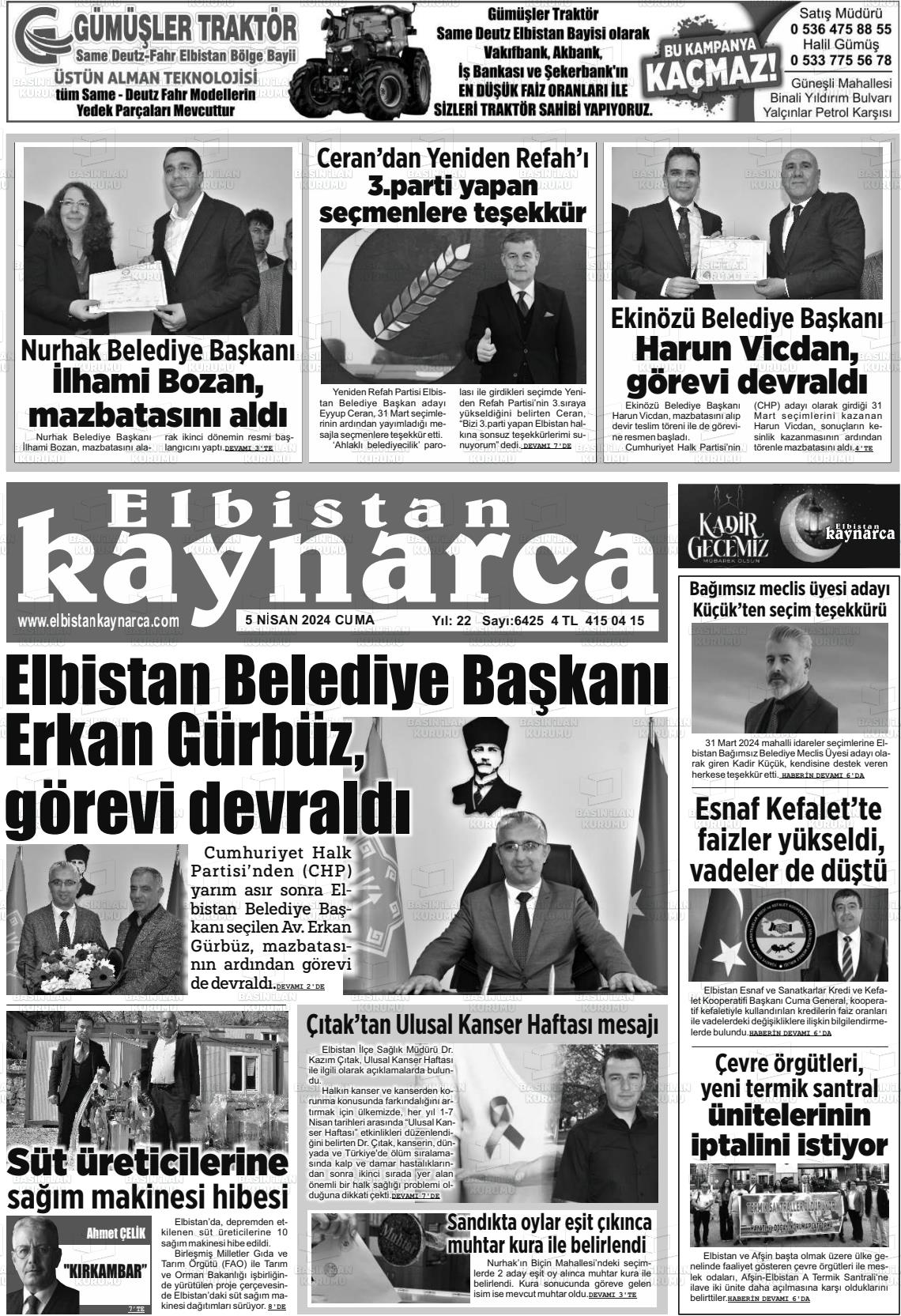 05 Nisan 2024 Elbistan Kaynarca Gazete Manşeti