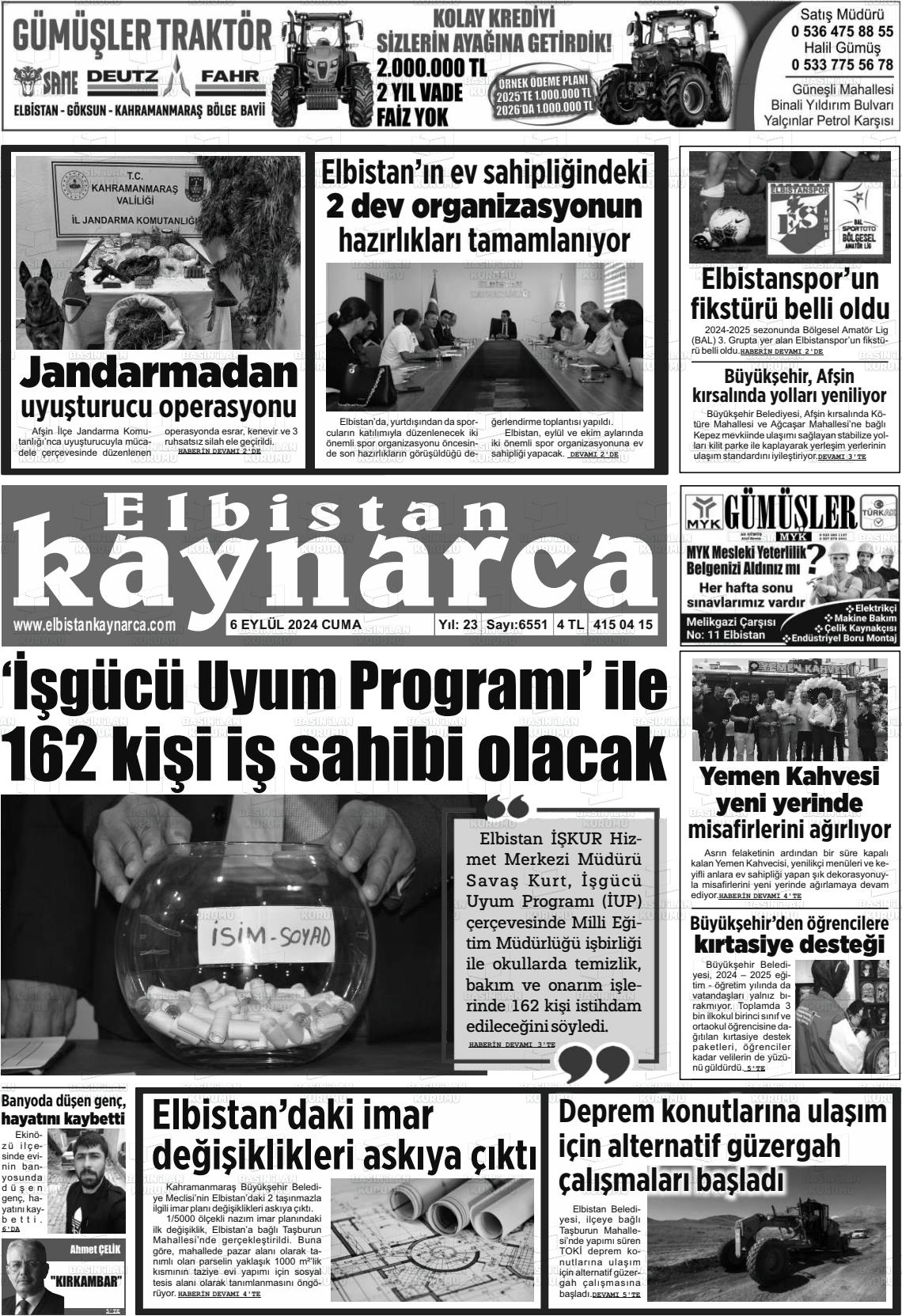 06 Eylül 2024 Elbistan Kaynarca Gazete Manşeti