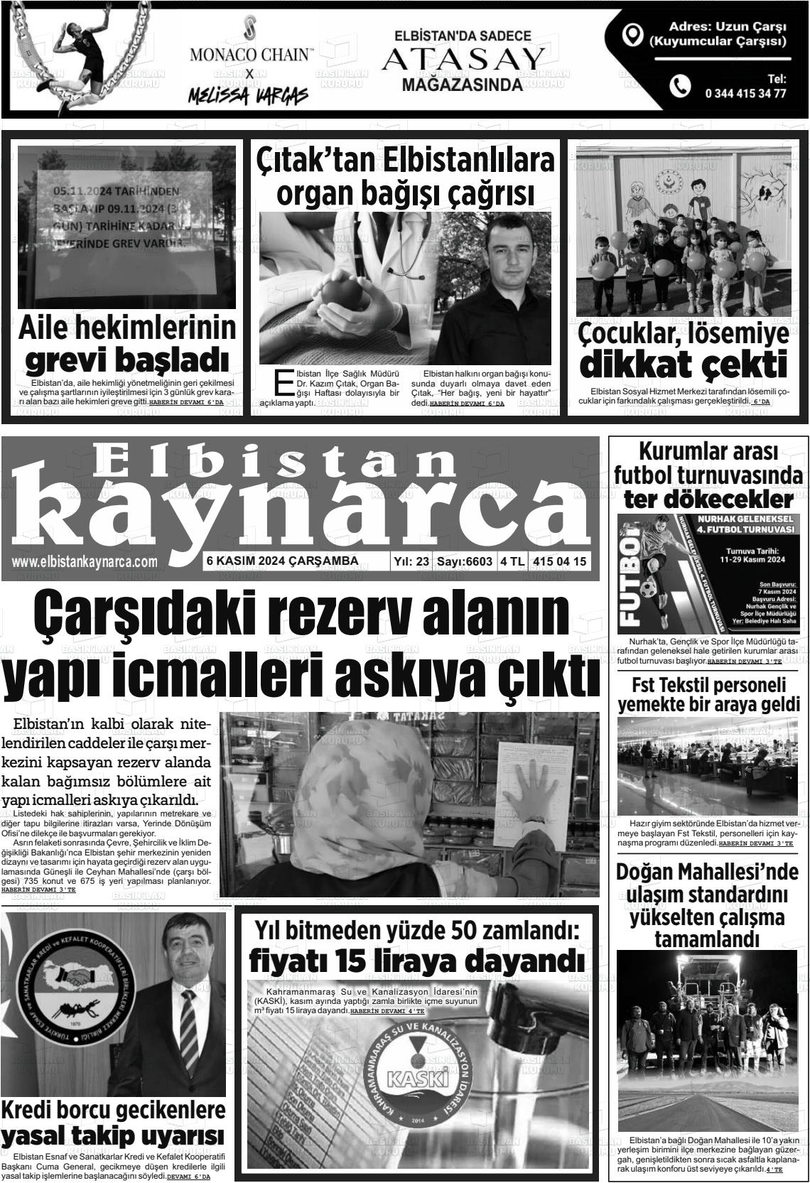 06 Kasım 2024 Elbistan Kaynarca Gazete Manşeti