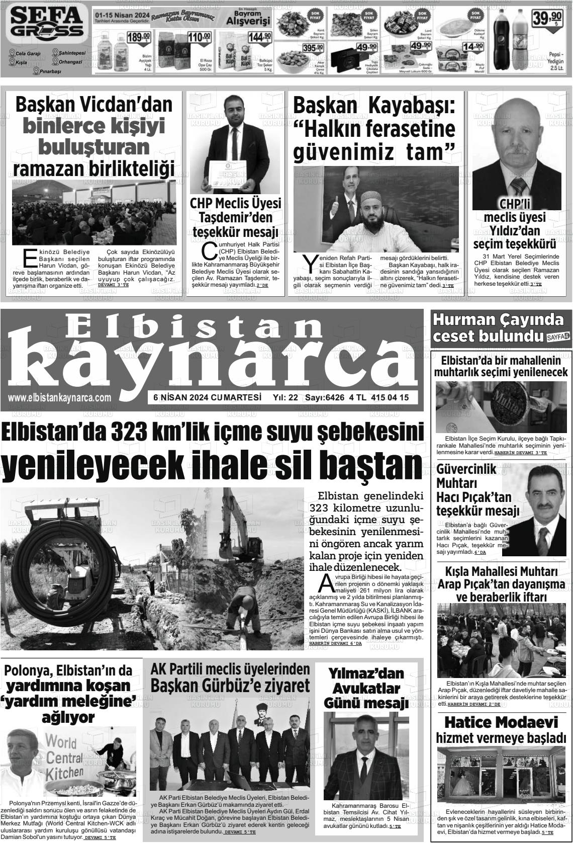 06 Nisan 2024 Elbistan Kaynarca Gazete Manşeti