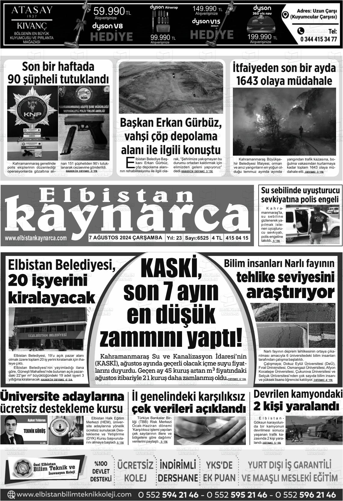 07 Ağustos 2024 Elbistan Kaynarca Gazete Manşeti