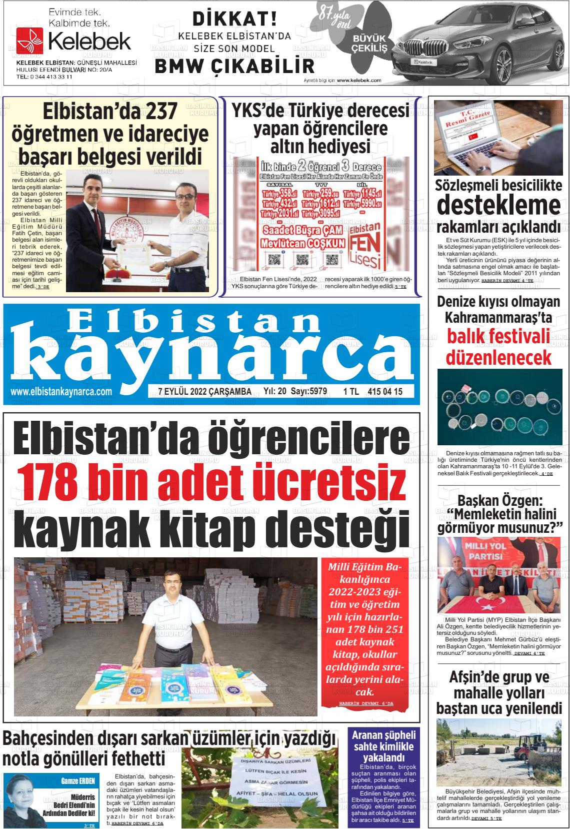 07 Eylül 2022 Elbistan Kaynarca Gazete Manşeti